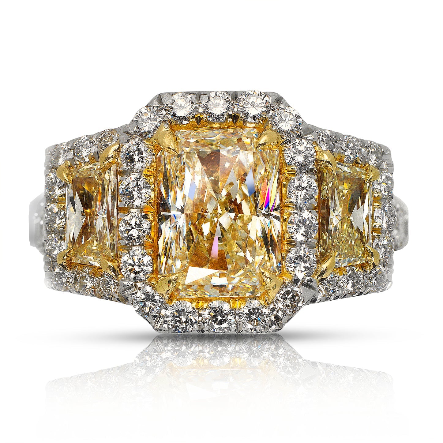 5 CARAT RADIANT CUT THREE STONE YELLOW DIAMOND ENGAGEMENT RING PLATINUM  18K GOLD CERTIFIED MIKE NEKTA