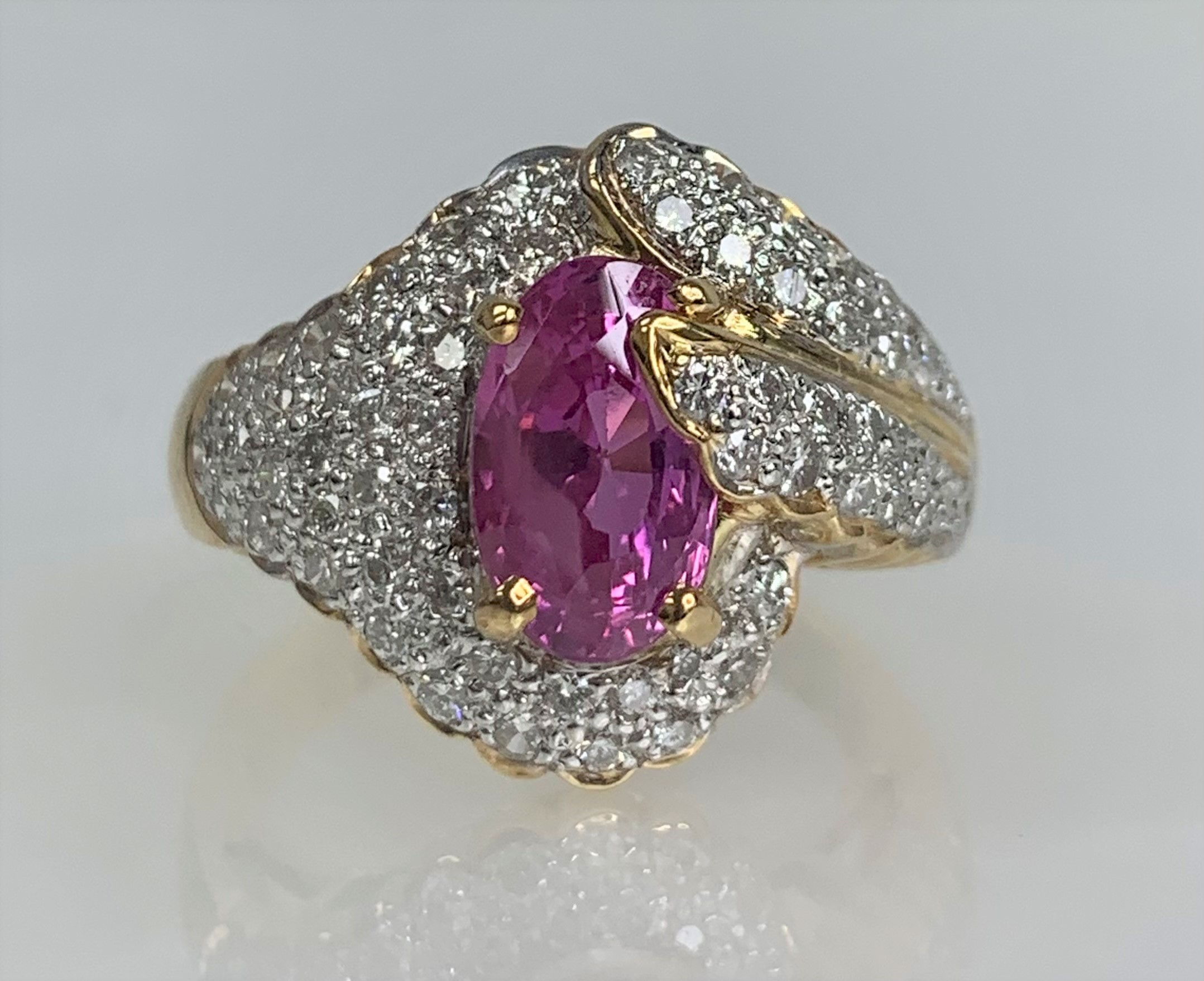 18K Yellow Gold Oval Shaped Pink Sapphire Diamond Ring