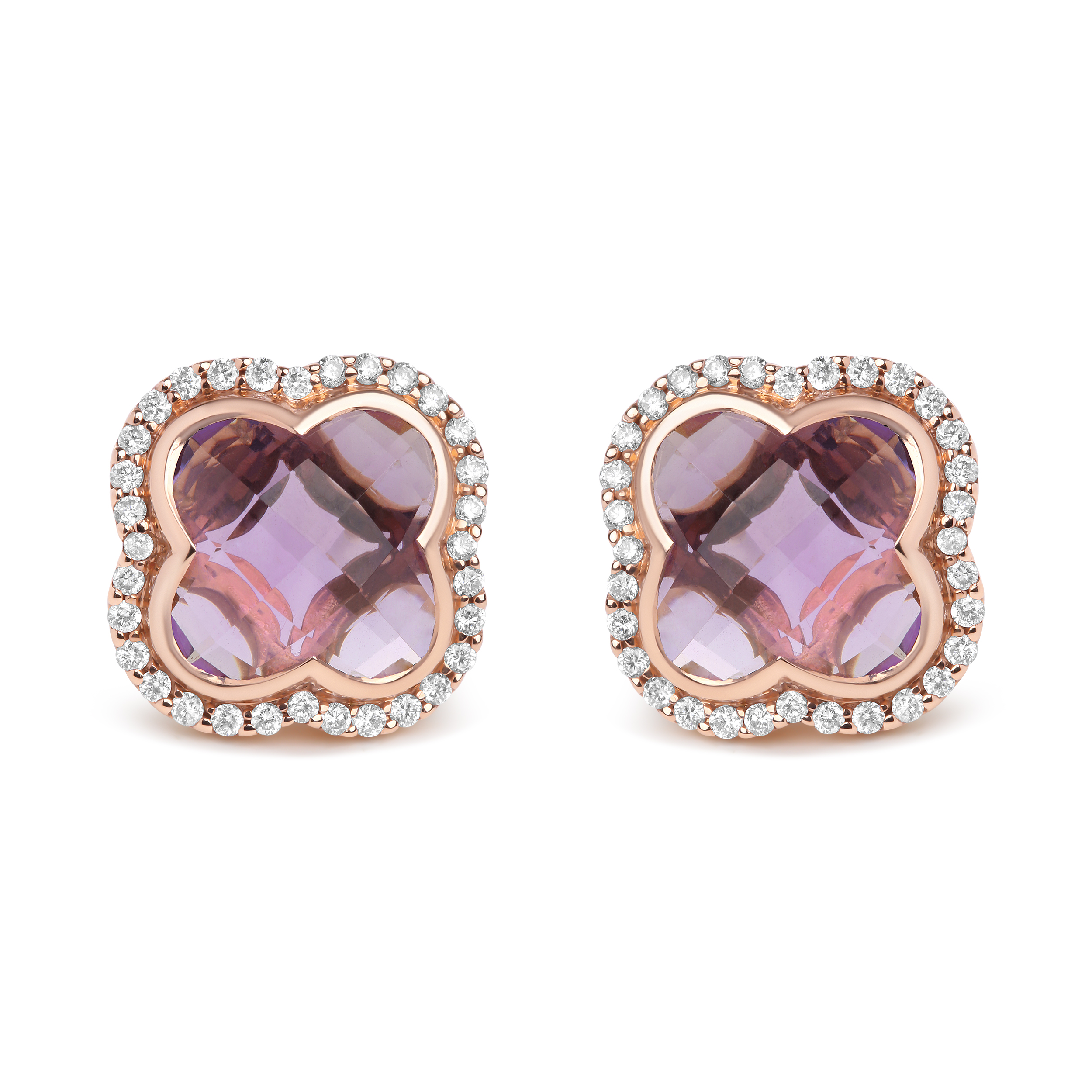 True 18K Rose Gold 3/8 Cttw Diamond and 11x11mm Clover-Cut Purple Amethyst Gemstone Clover Halo Stud Earrings (G-H Color, SI1-SI2 Clarity)