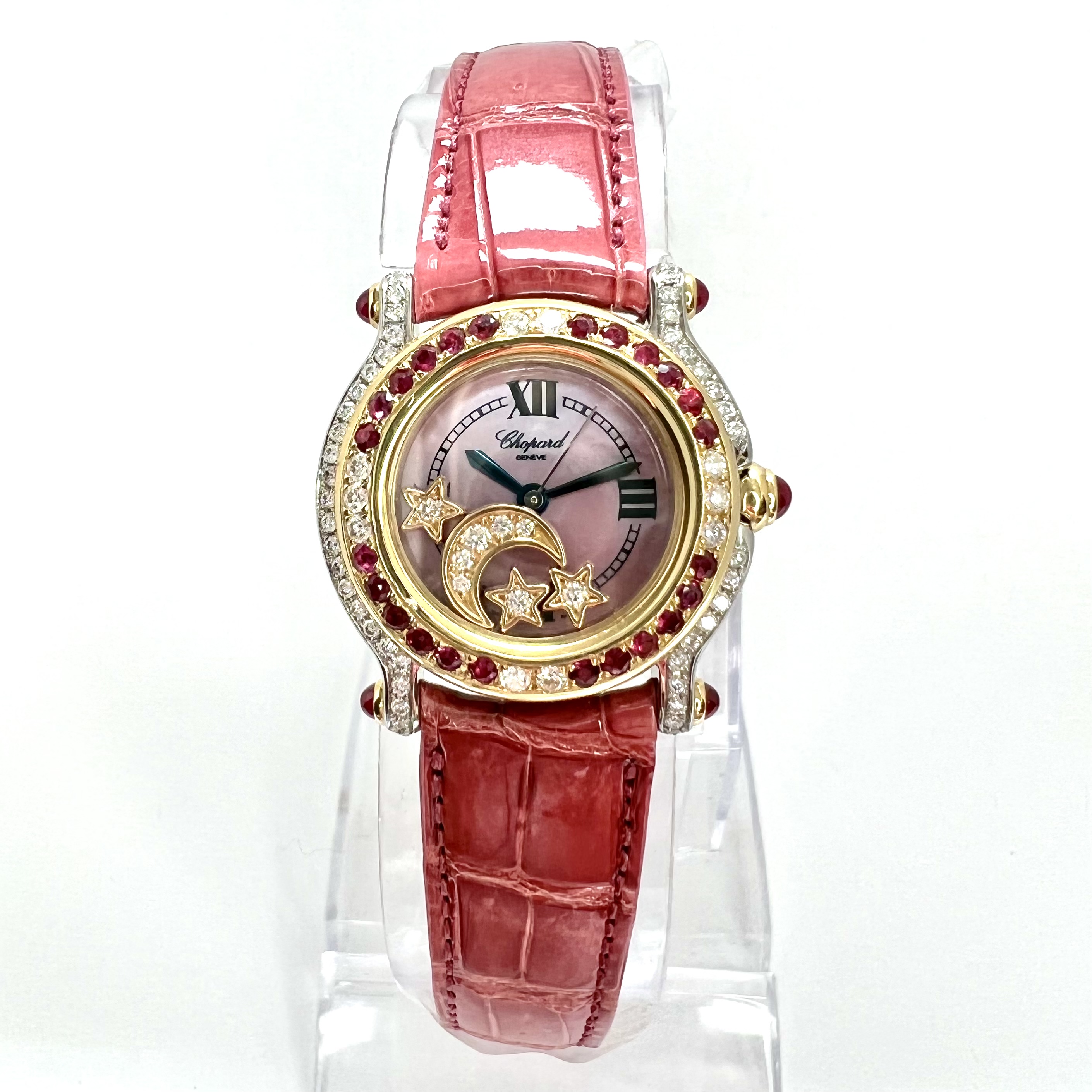 CHOPARD HAPPY SPORT 26mm Wuartz 2 Tone Watch Floating DIAMONDS & Red RUBIES