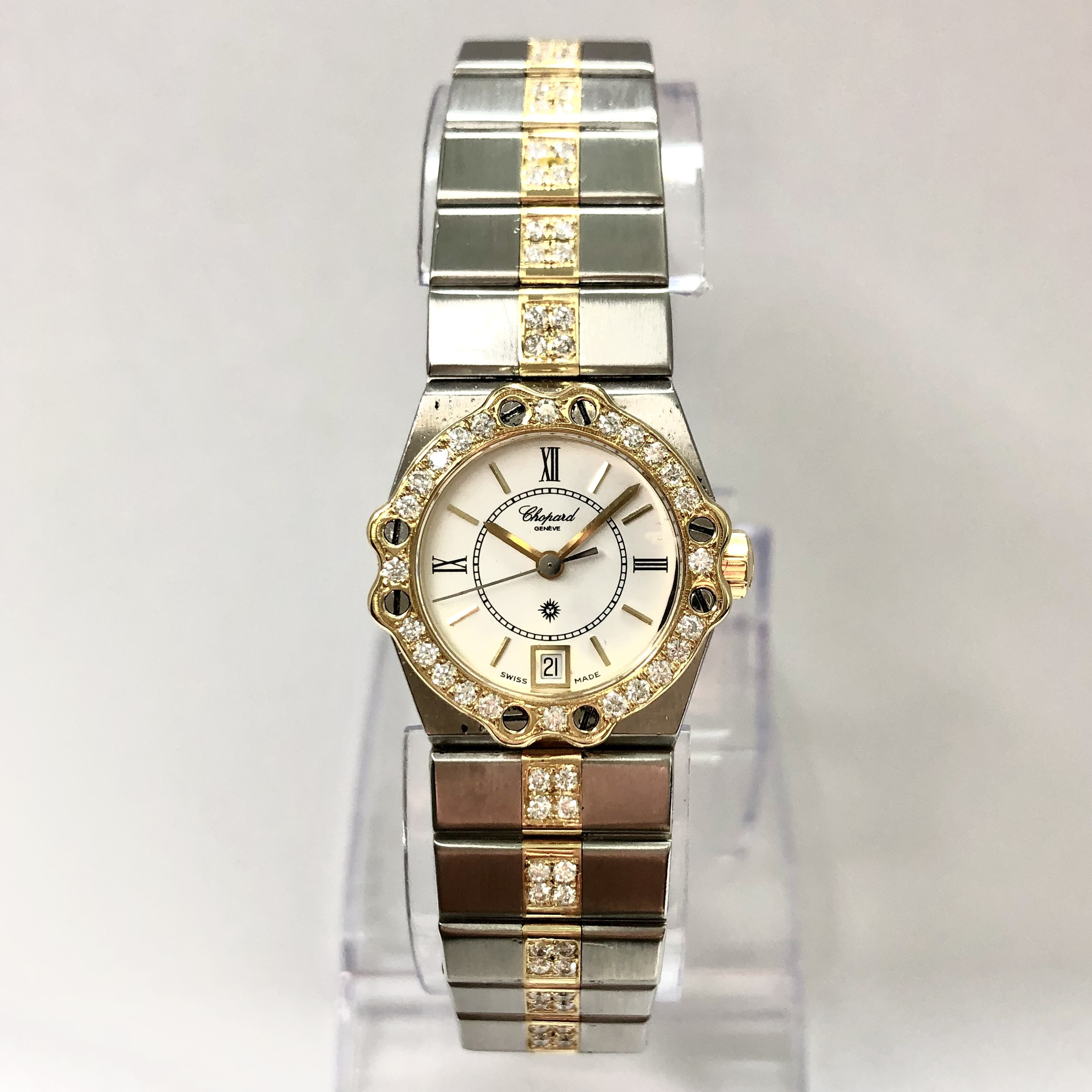 CHOPARD ST. MORITZ Quartz 24mm 18K Yellow Gold & Steel Watch 1.41TCW Diamonds
