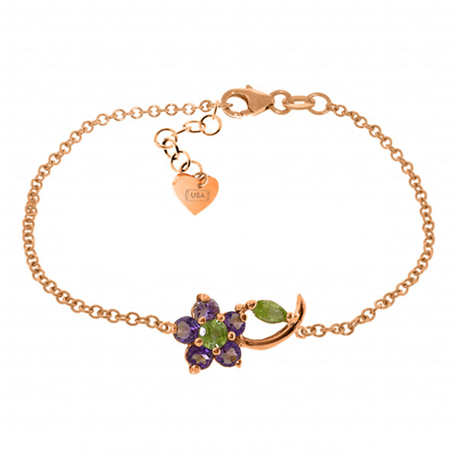 0.87 CTW 14K Solid Rose Gold Flower Bracelet Amethyst Peridot