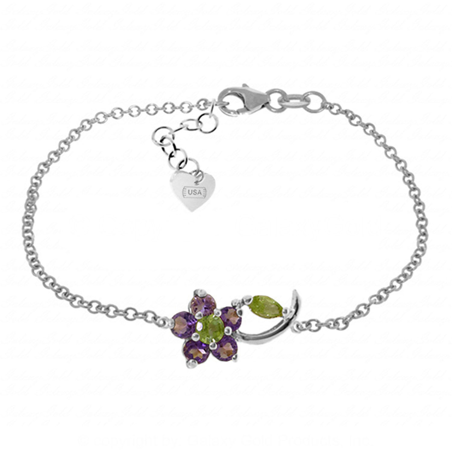 0.87 CTW 14K Solid White Gold Flower Bracelet Amethyst Peridot