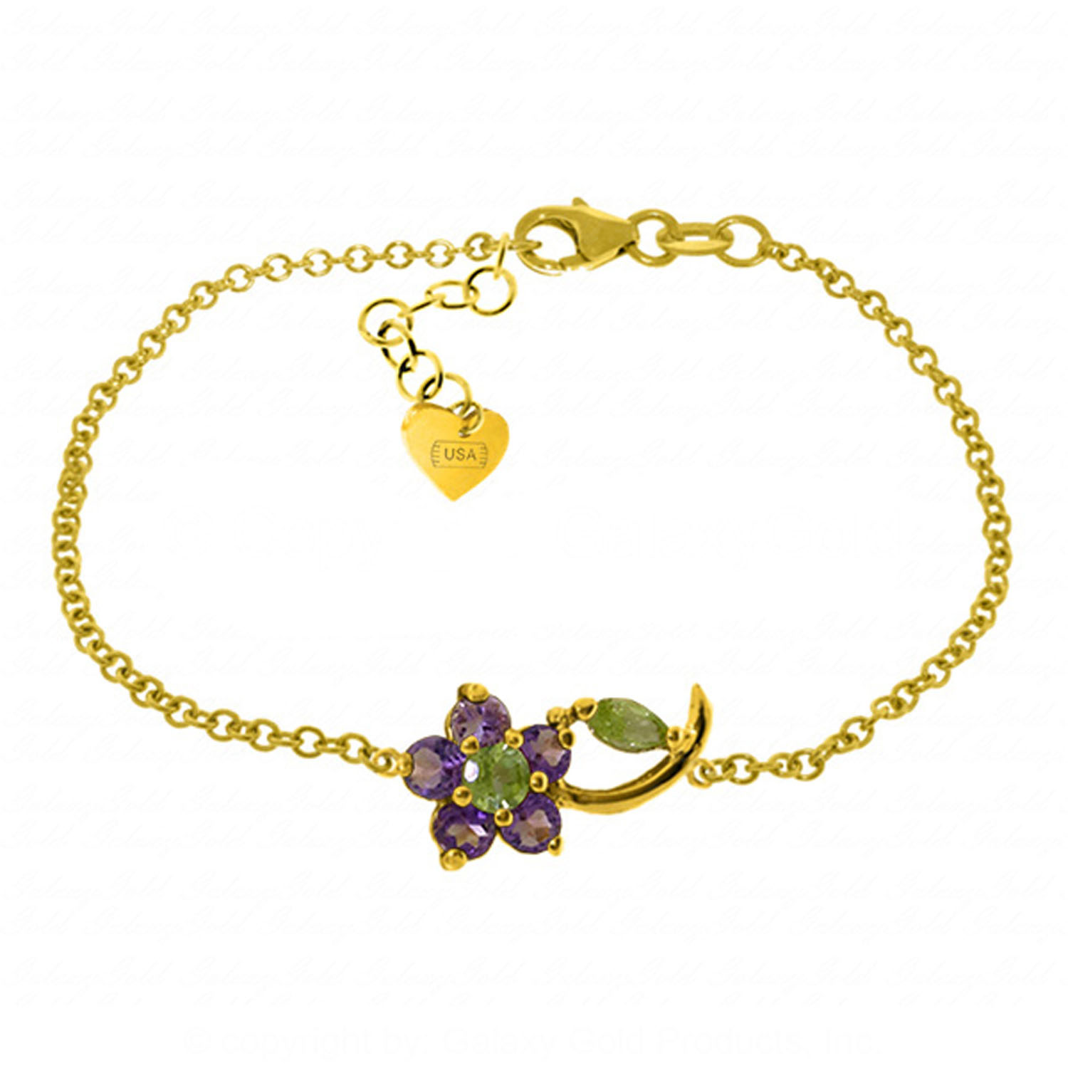 0.87 CTW 14K Solid Gold Flower Bracelet Amethyst Peridot
