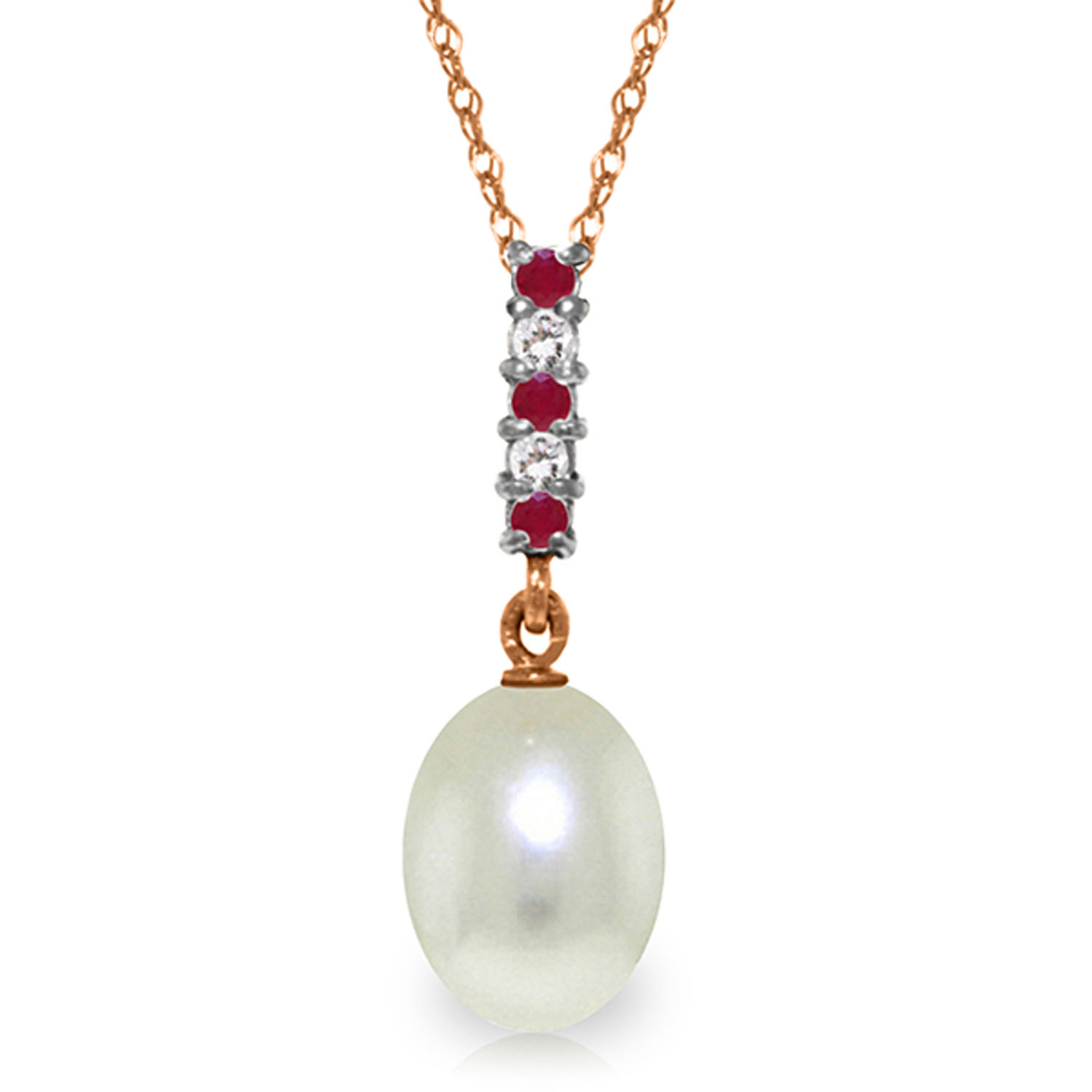 4.15 CTW 14K Solid Rose Gold Necklace Diamond, Ruby Briolette Cultured Pearl