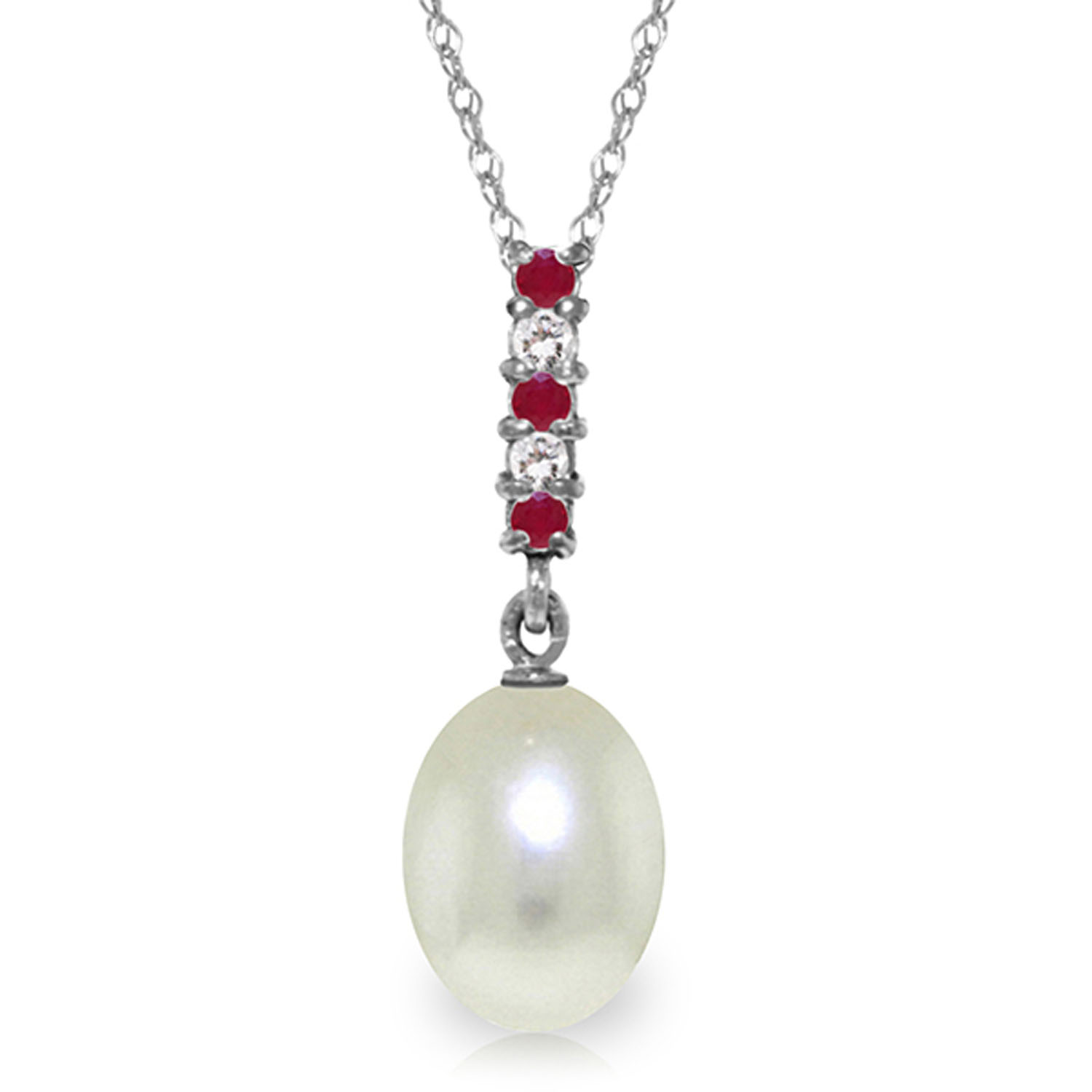 4.15 CTW 14K Solid White Gold Necklace Diamond, Ruby Briolette Cultured Pearl