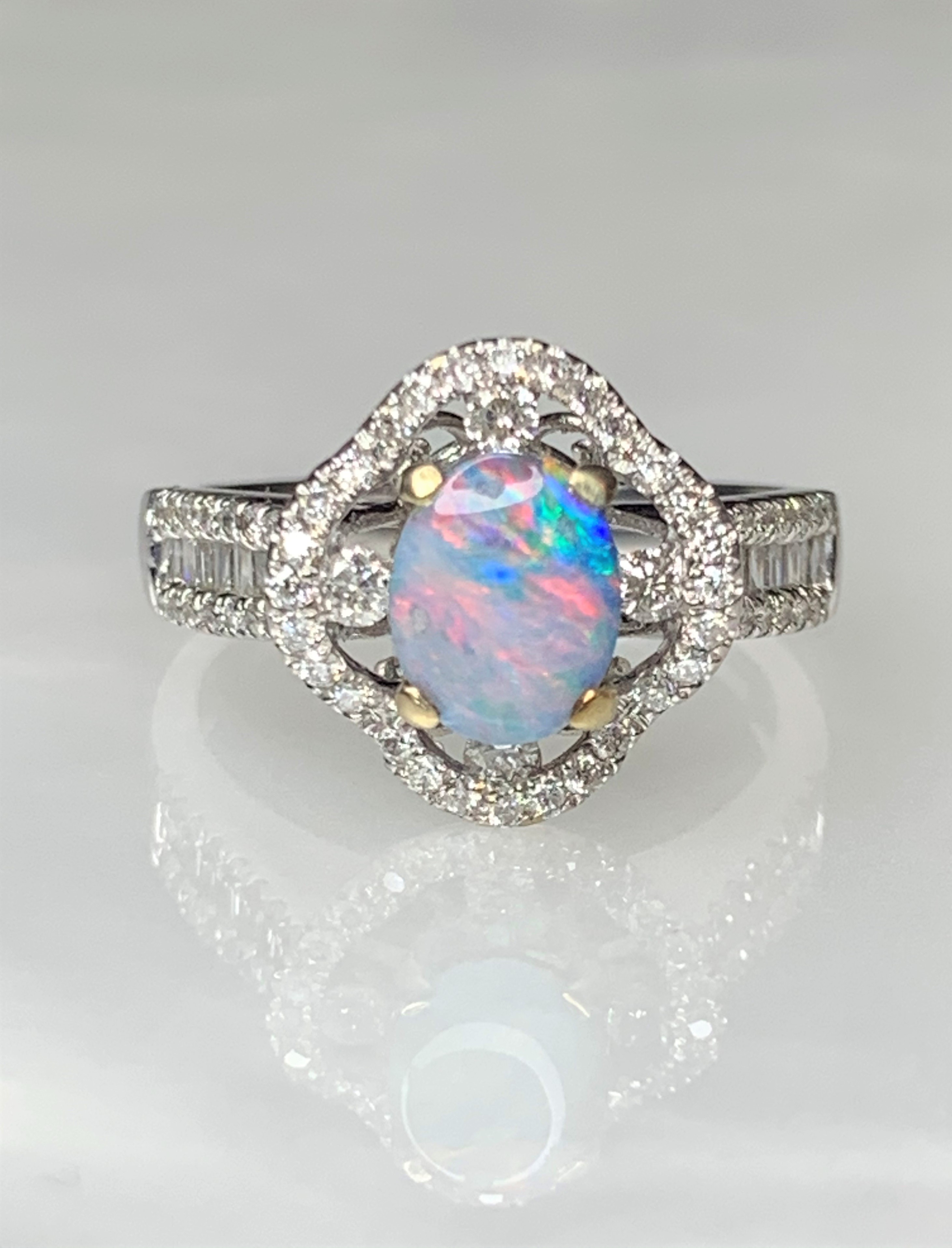 14K White Gold Oval Cut Australian Opal Diamond Ring