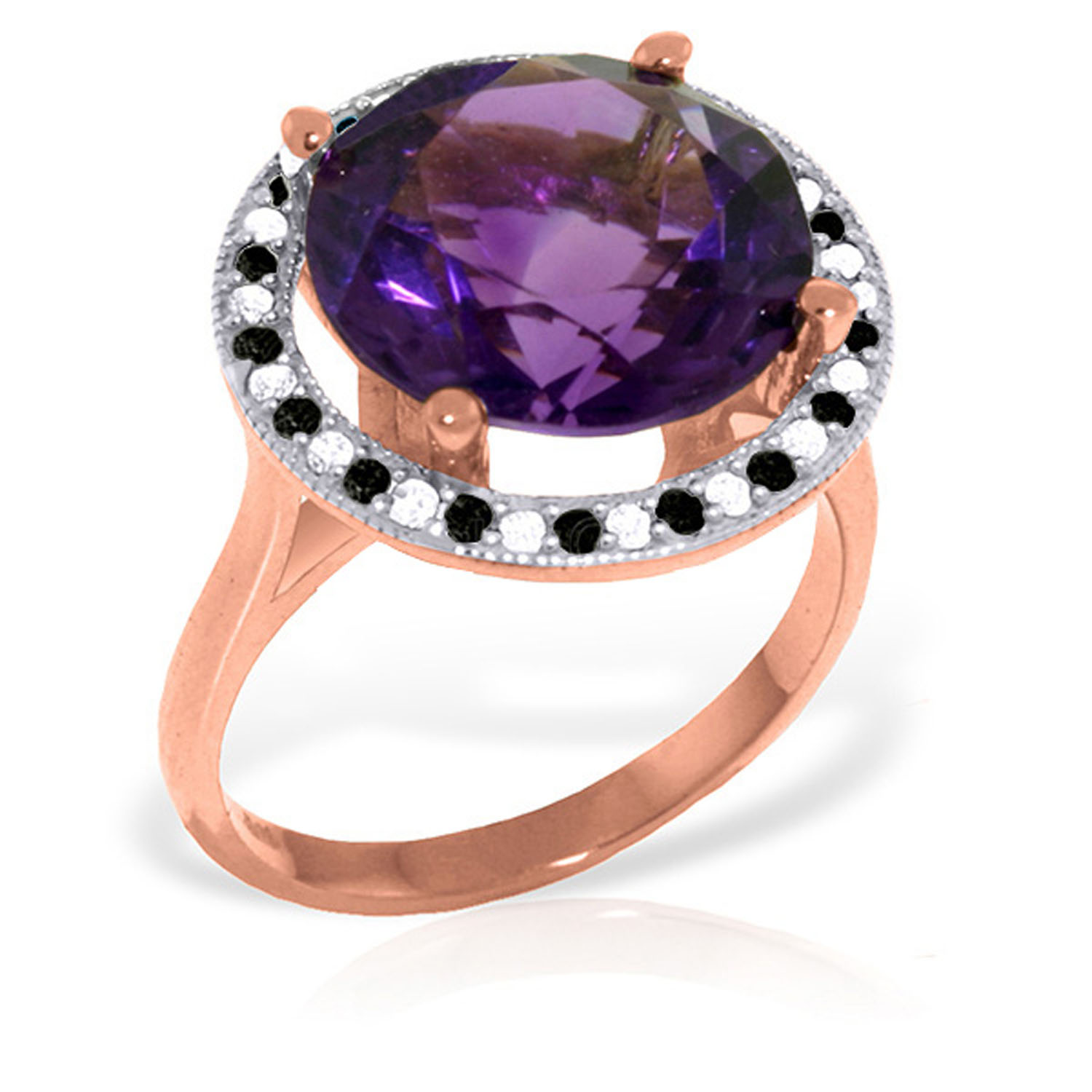 14K Solid Rose Gold Ring withNatural Black / White Diamonds  Amethyst