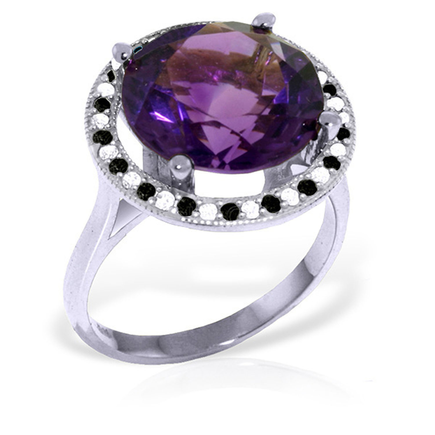 14K Solid White Gold Ring withNatural Black / White Diamonds  Amethyst