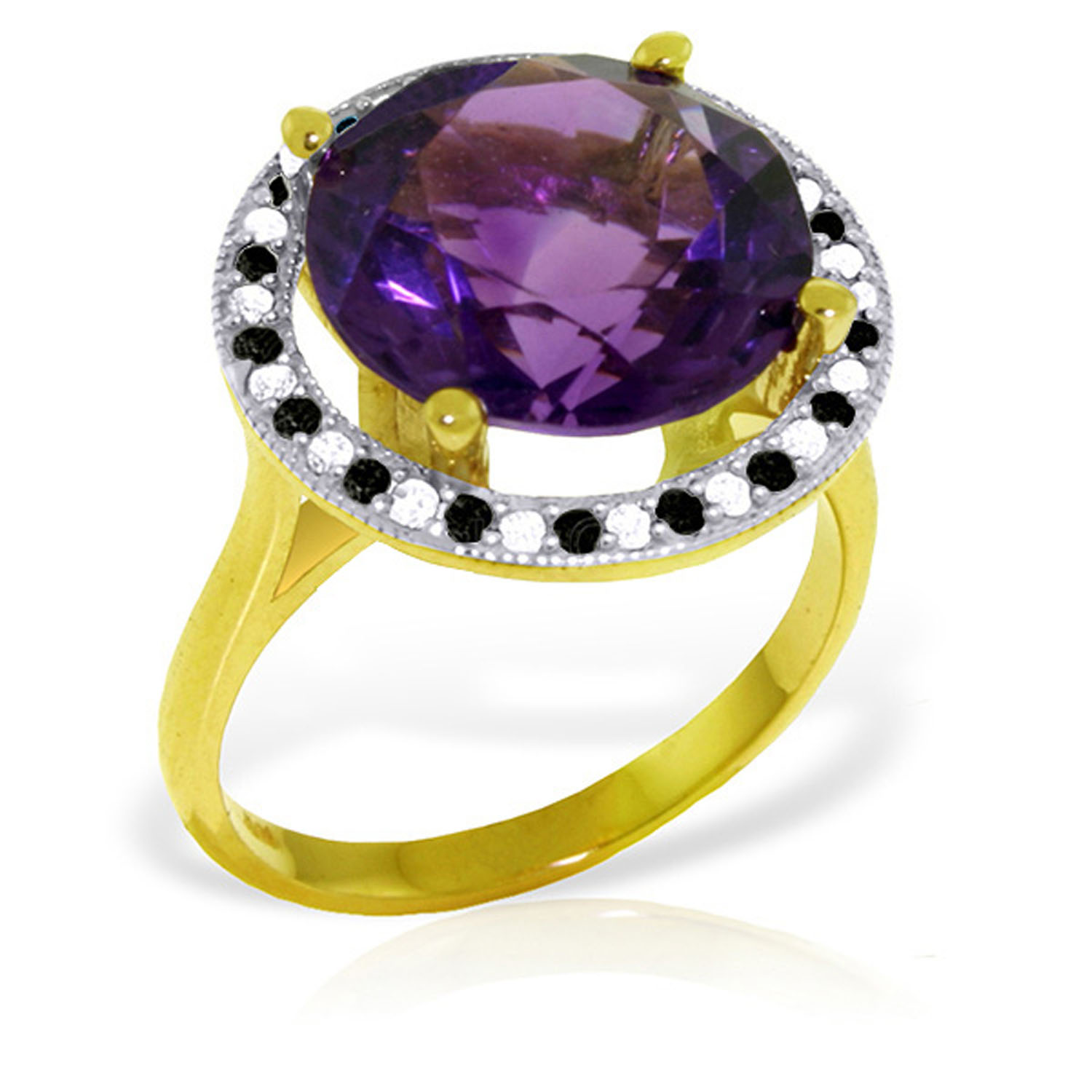 14K Solid Gold Ring withNatural Black / White Diamonds  Amethyst