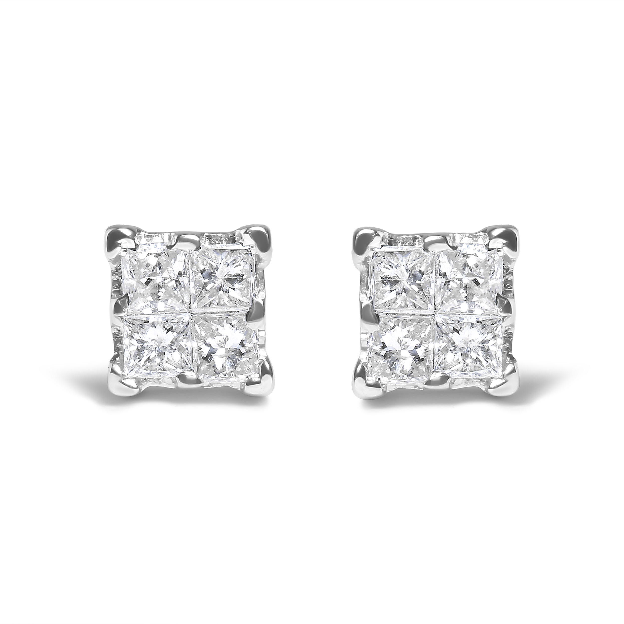 True .925 Sterling Silver 1/4 Cttw Invisible Set Princess Diamond Composite Quad Stud Earrings (I-J Color, I1-I2 Clarity)