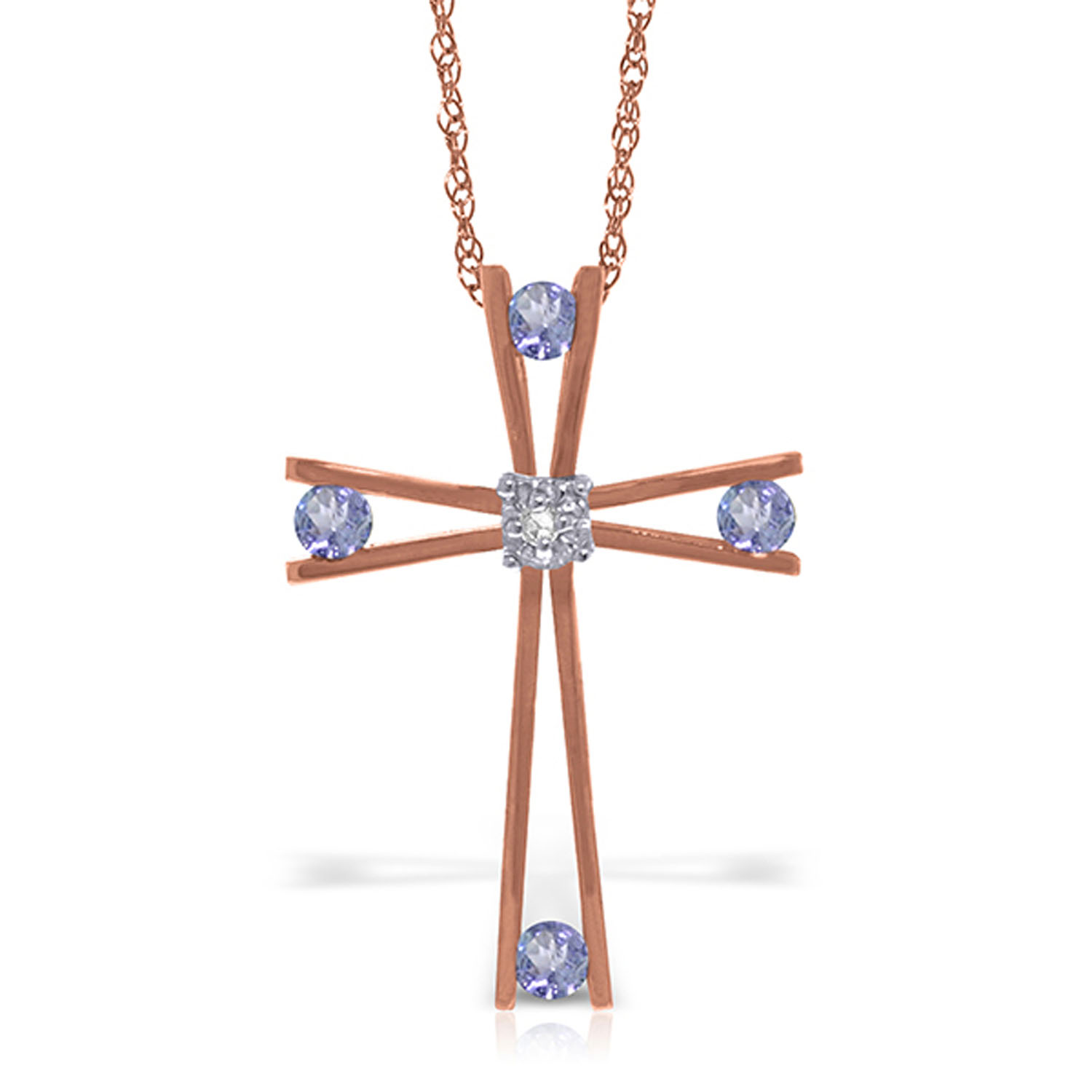14K Solid Rose Gold Cross Necklace withNatural Diamond  Tanzanites