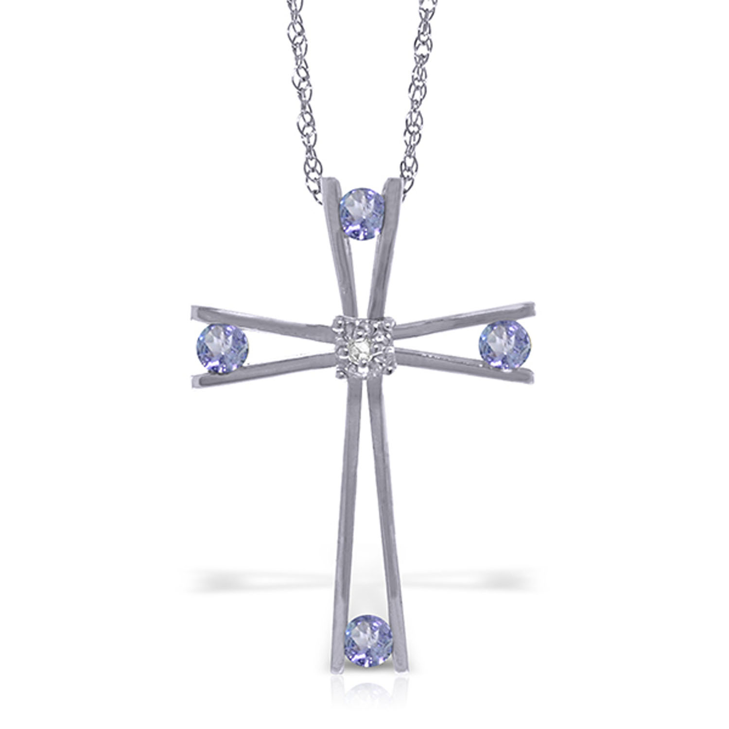 14K Solid White Gold Cross Necklace withNatural Diamond  Tanzanites
