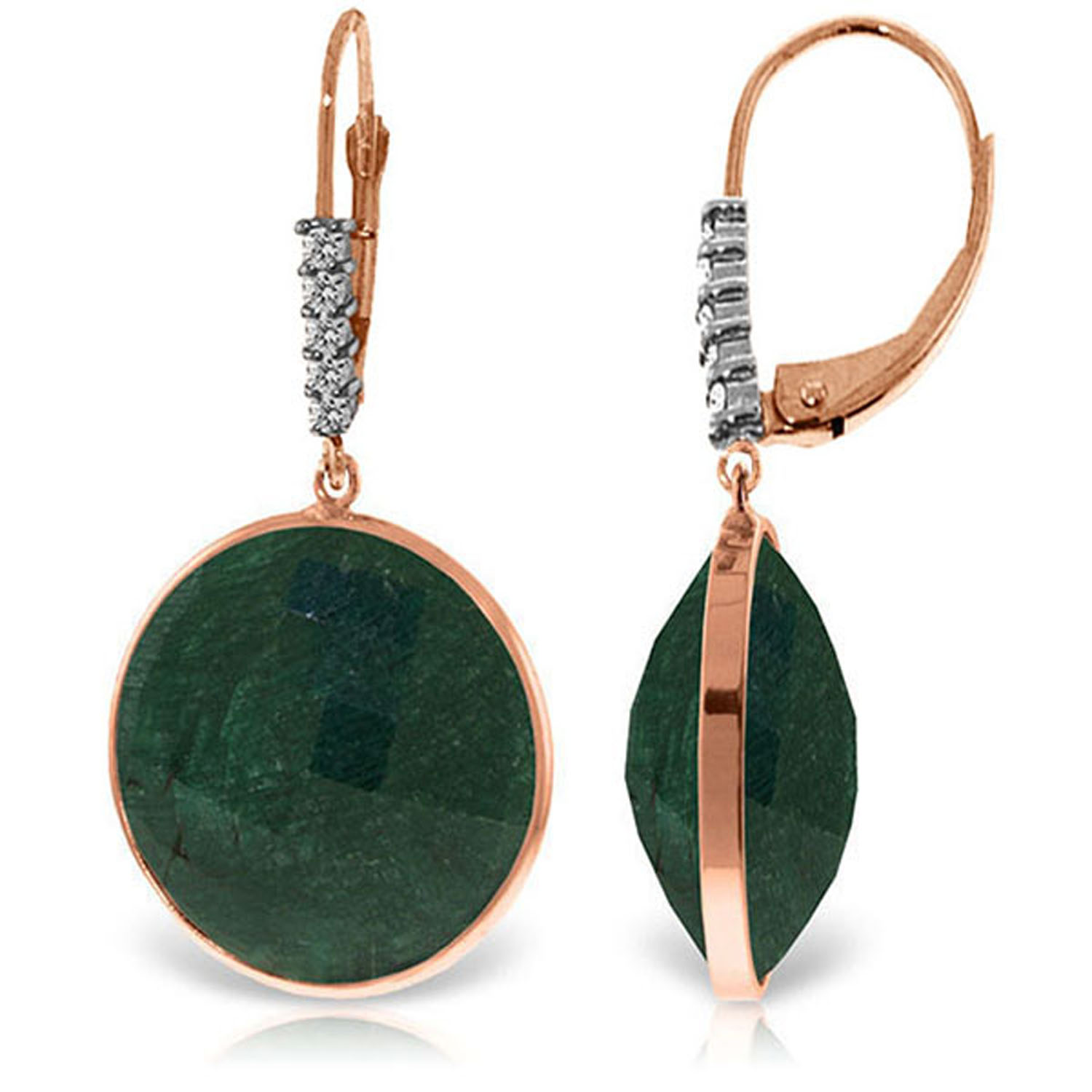 14K Solid Rose Gold Diamonds Leverback Earrings with Round Emerald Color Corundum