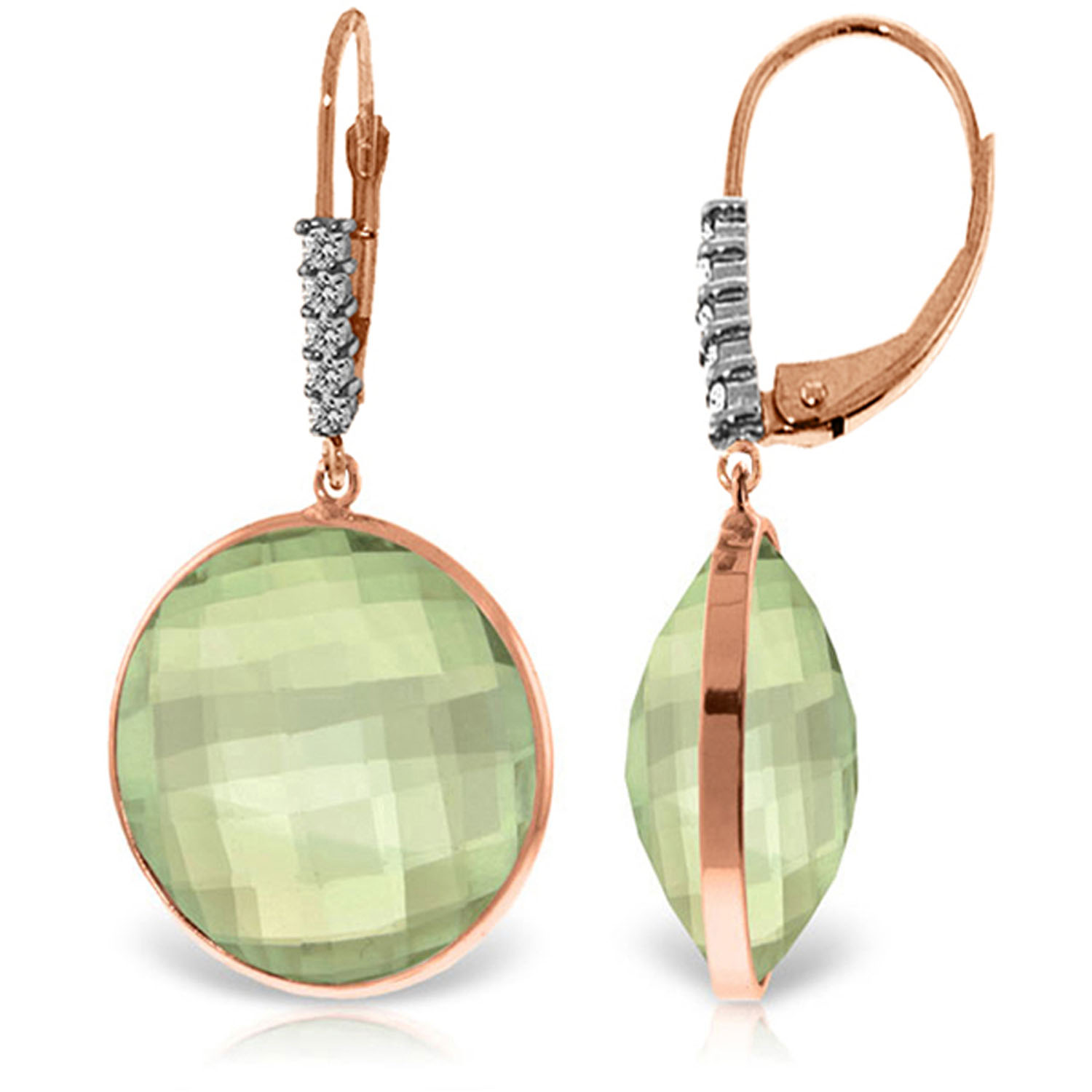 14K Solid Rose Gold Diamonds Leverback Earrings with Checkerboard Cut Round Green Amethysts