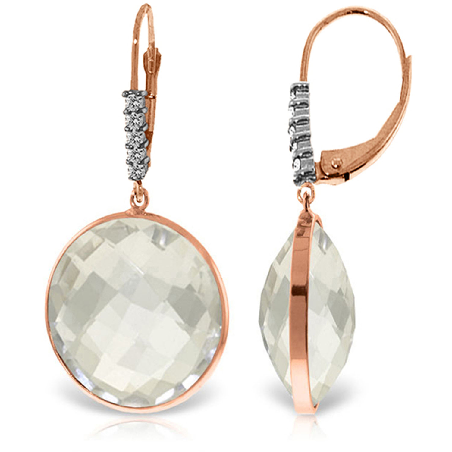 14K Solid Rose Gold Diamonds Leverback Earrings with Checkerboard Cut Round White Topaz