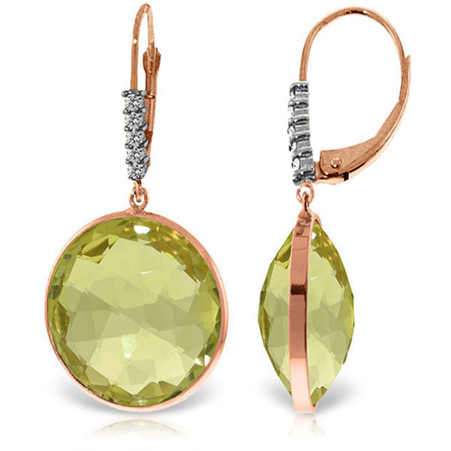 14K Solid Rose Gold Diamonds Leverback Earrings with Checkerboard Cut Lemon Quartz