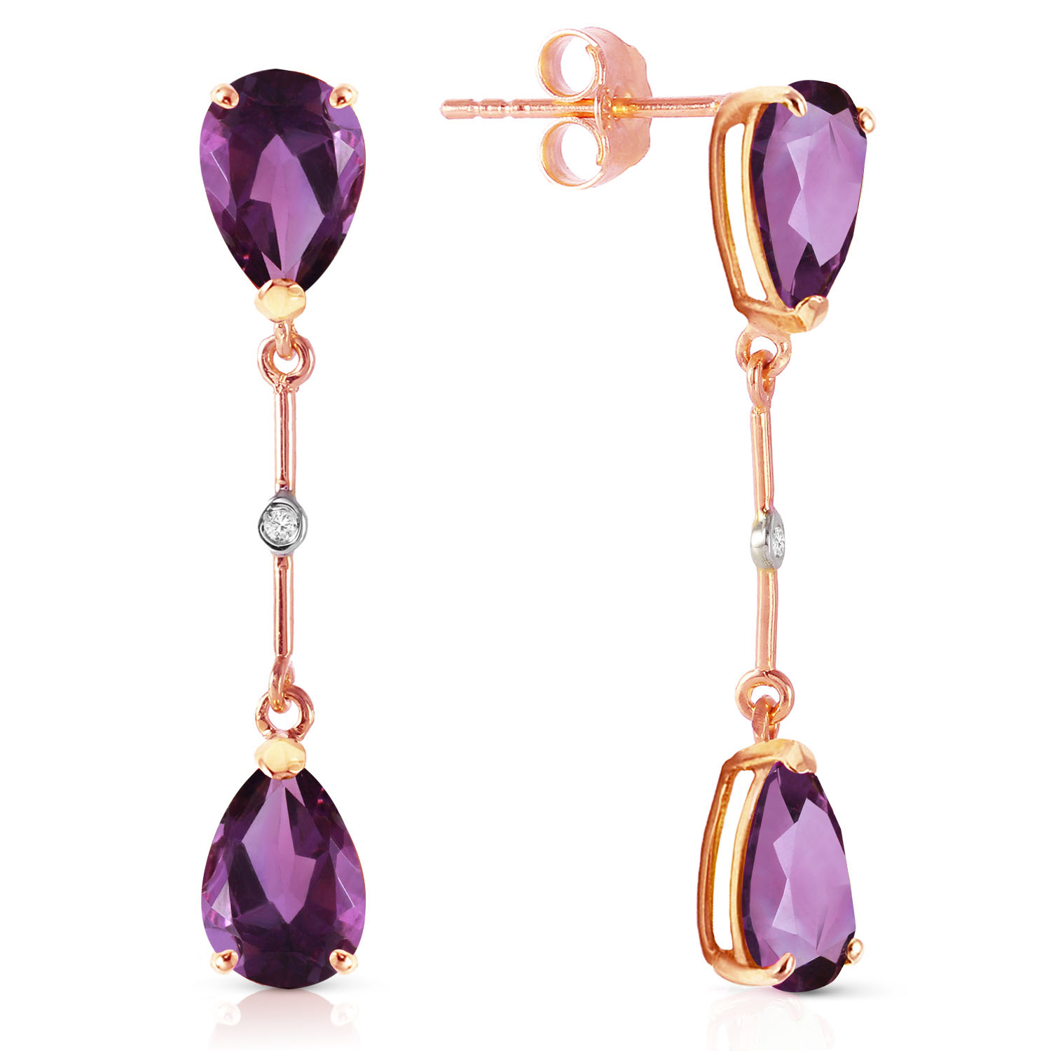 14K Solid Rose Gold Diamonds  Amethysts Dangling Earrings