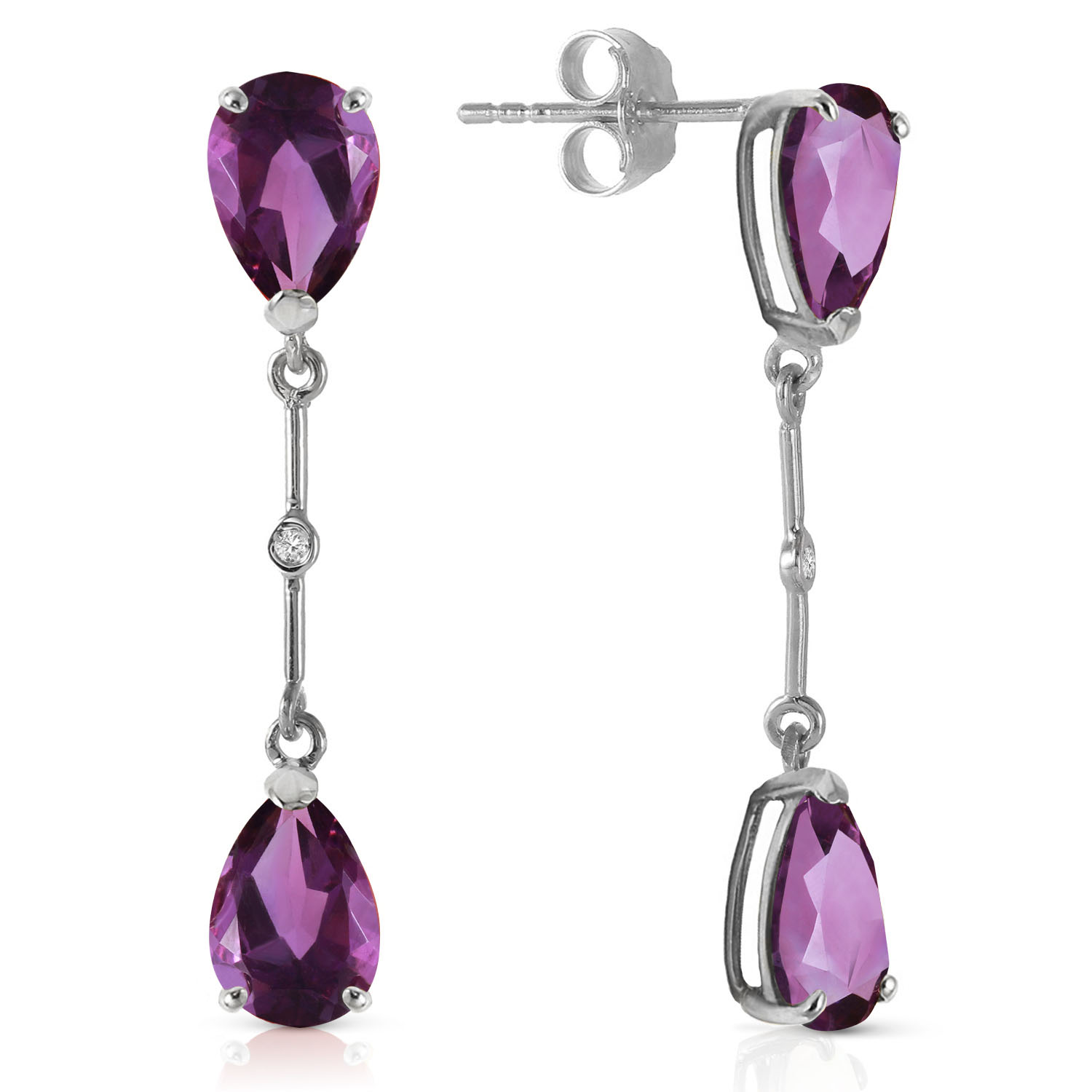 14K Solid White Gold Diamonds  Amethysts Dangling Earrings