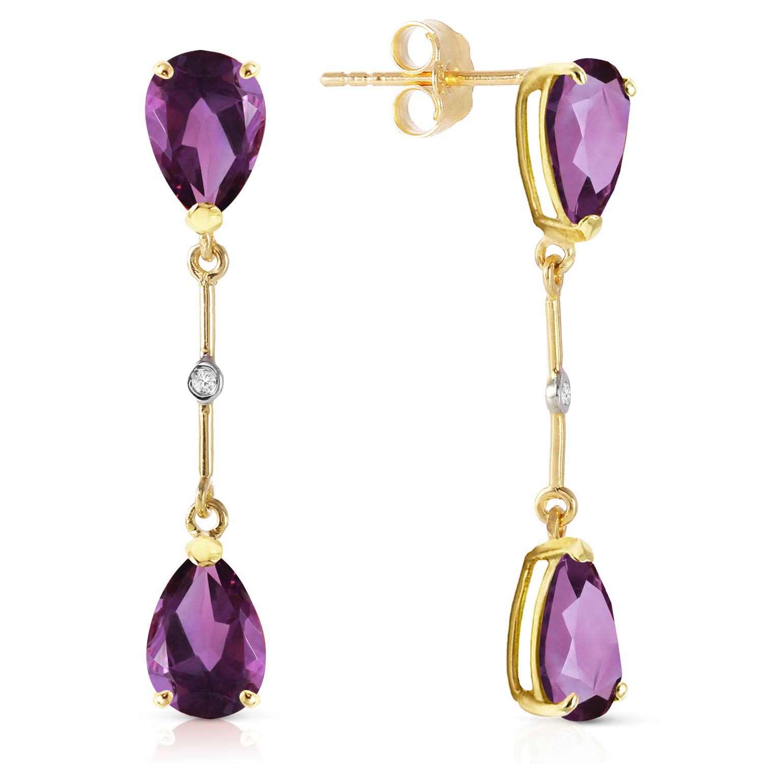 14K Solid Gold Diamonds  Amethysts Dangling Earrings