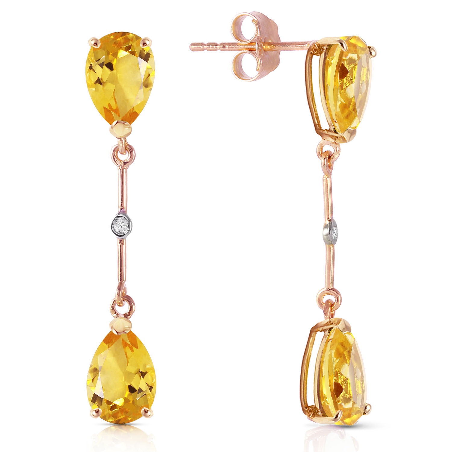 14K Solid Rose Gold Diamonds  Citrines Dangling Earrings