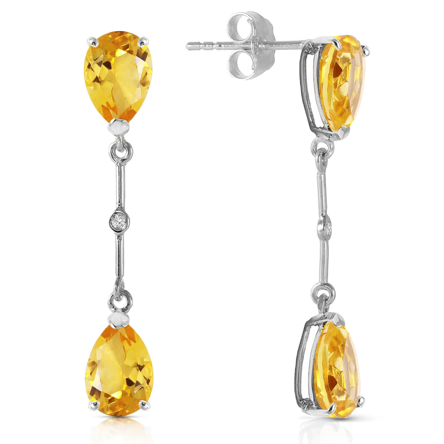14K Solid White Gold Diamonds  Citrines Dangling Earrings