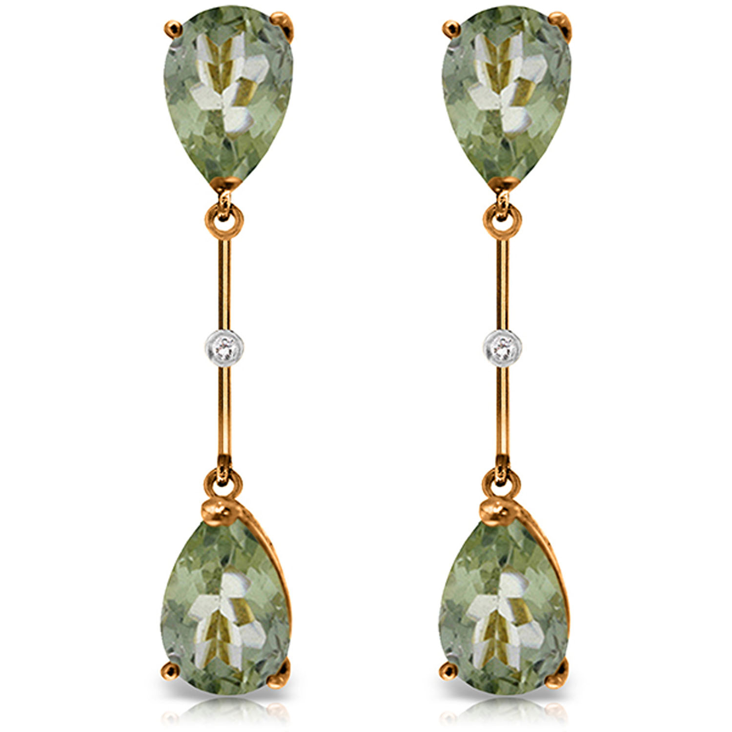 14K Solid Rose Gold Diamonds Green Amethysts Dangling Earrings