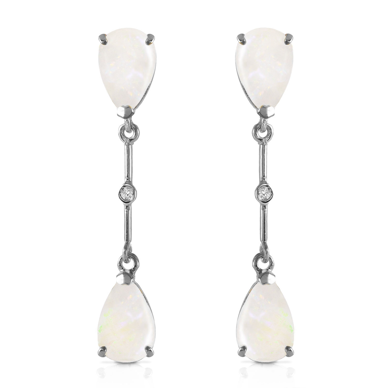 14K Solid White Gold Diamonds  Opals Dangling Earrings