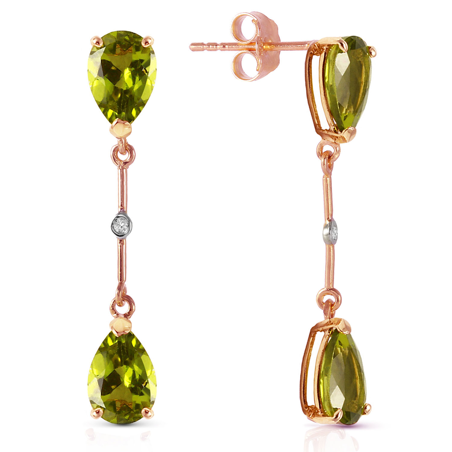 14K Solid Rose Gold Diamonds  Peridots Dangling Earrings