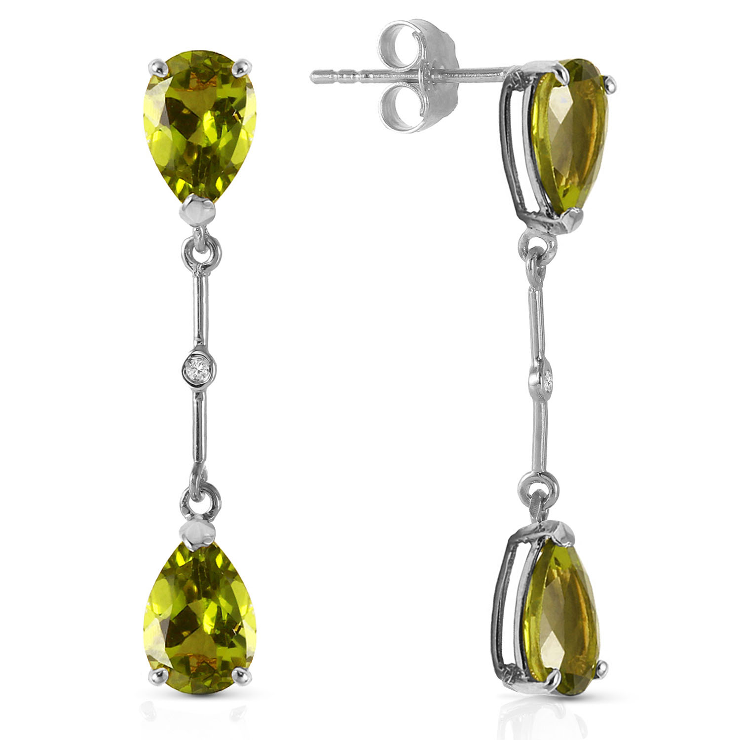 14K Solid White Gold Diamonds  Peridots Dangling Earrings