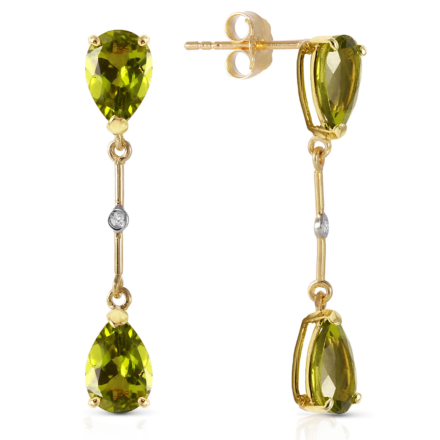 14K Solid Gold Diamonds  Peridots Dangling Earrings