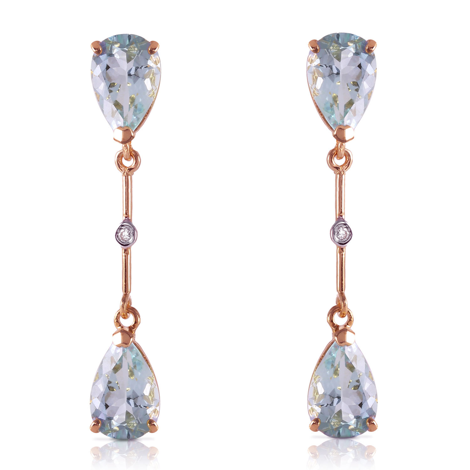 14K Solid Rose Gold Diamonds  Aquamarines Dangling Earrings