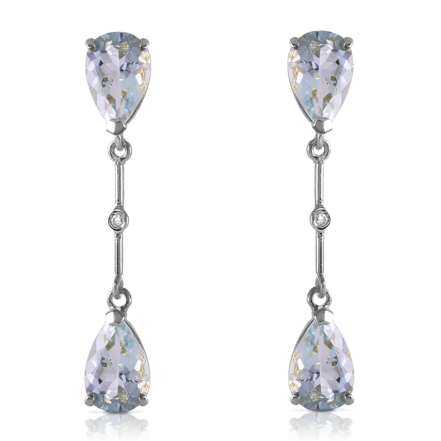 14K Solid White Gold Diamonds  Aquamarines Dangling Earrings