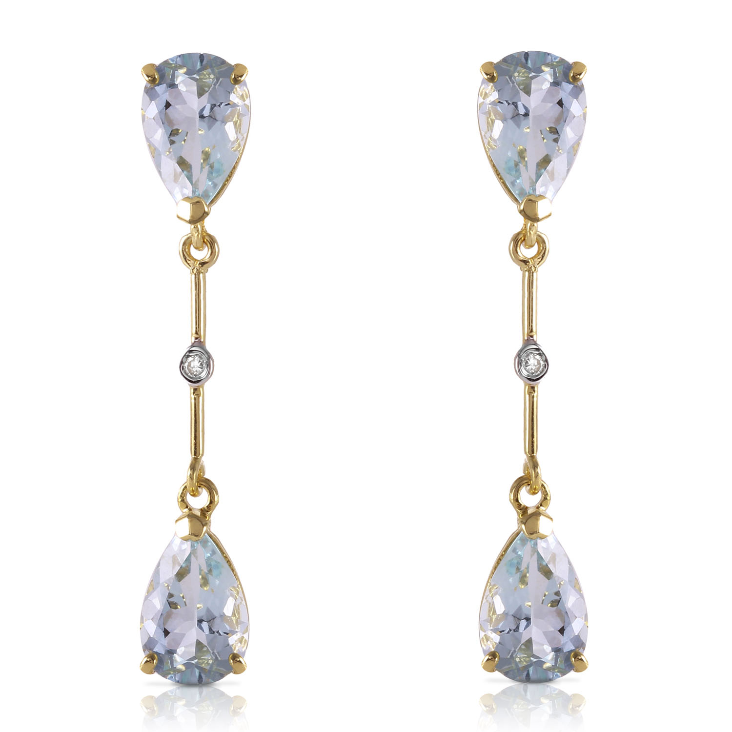 14K Solid Gold Diamonds  Aquamarines Dangling Earrings