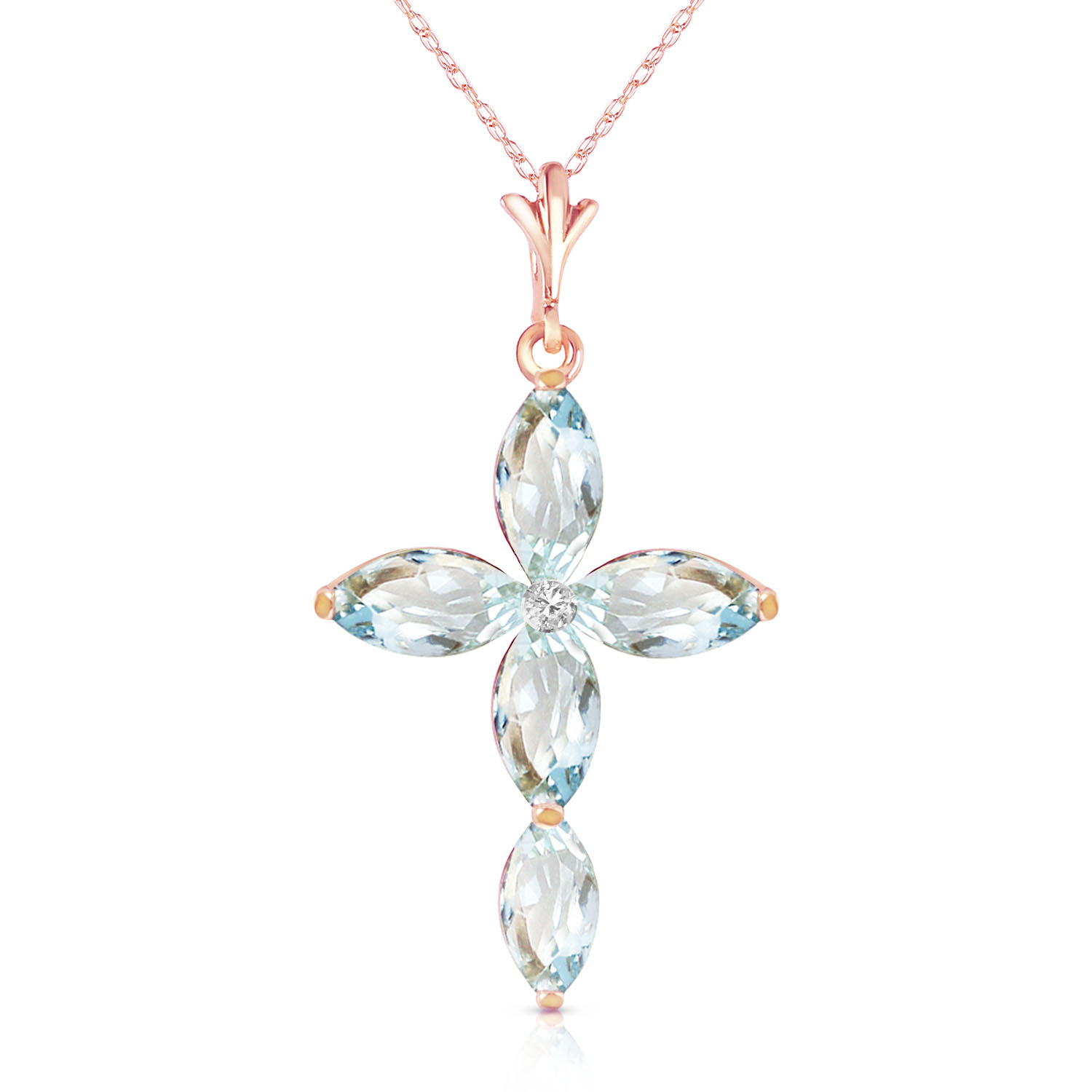 14K Solid Rose Gold Necklace with Natural Diamond  Aquamarines