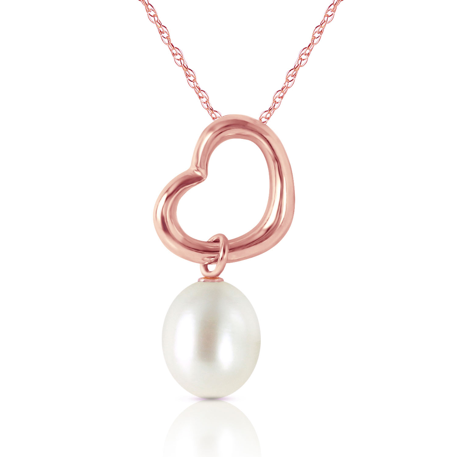 14K Solid Rose Gold Heart Necklace with Dangling Natural Cultured Pearl