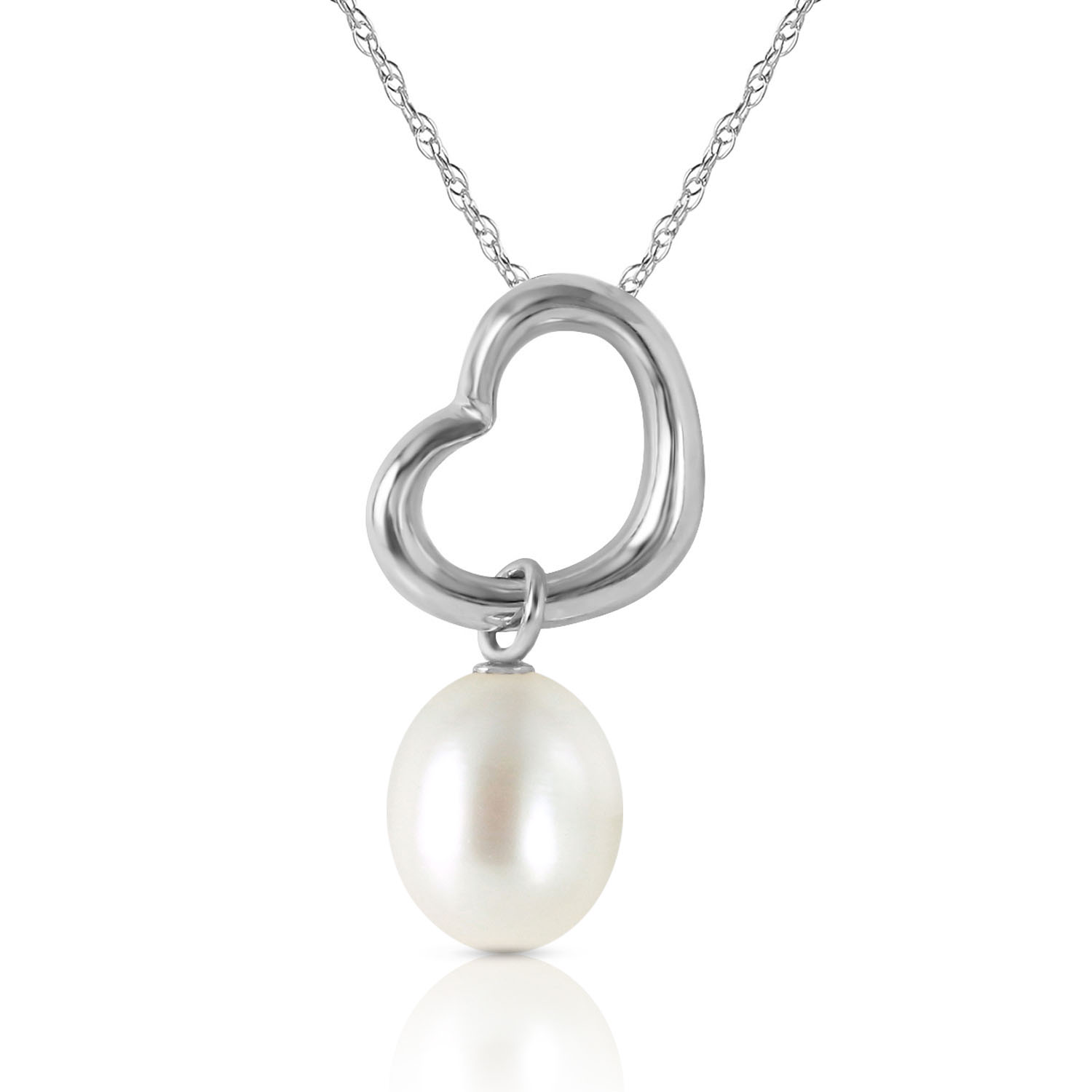 14K Solid White Gold Heart Necklace with Dangling Natural Cultured Pearl