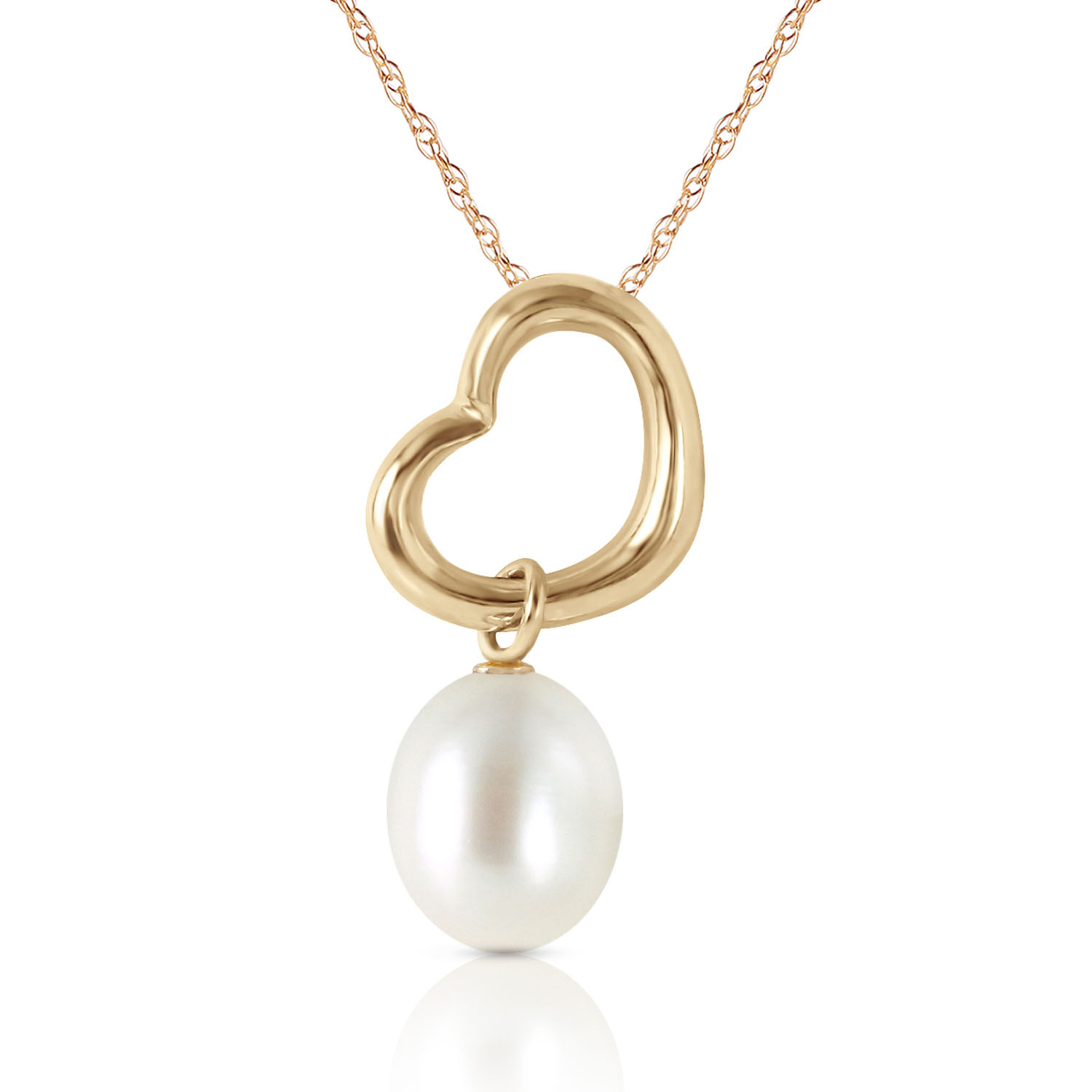 14K Solid Gold Heart Necklace with Dangling Natural Cultured Pearl