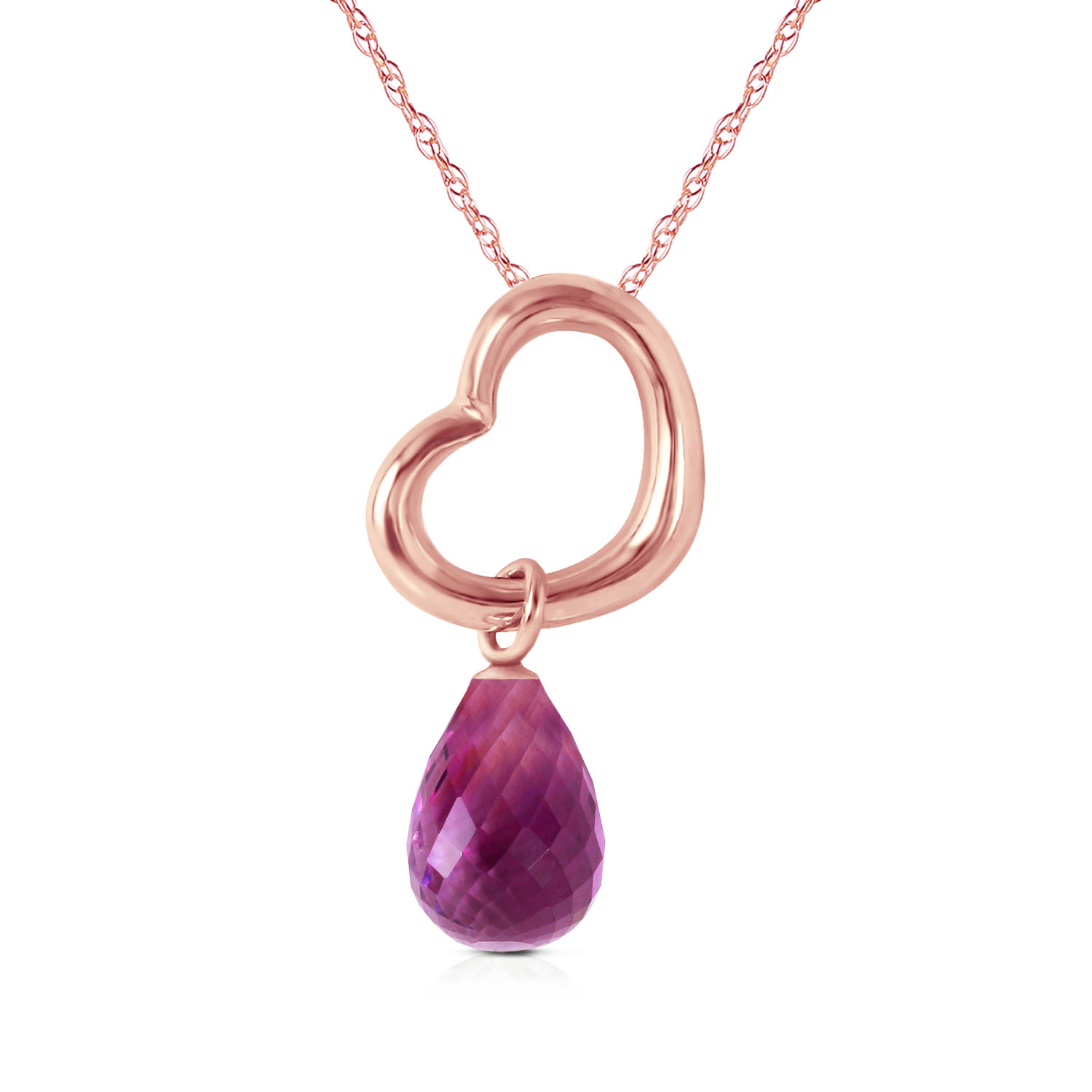 14K Solid Rose Gold Heart Necklace with Dangling Natural Amethyst