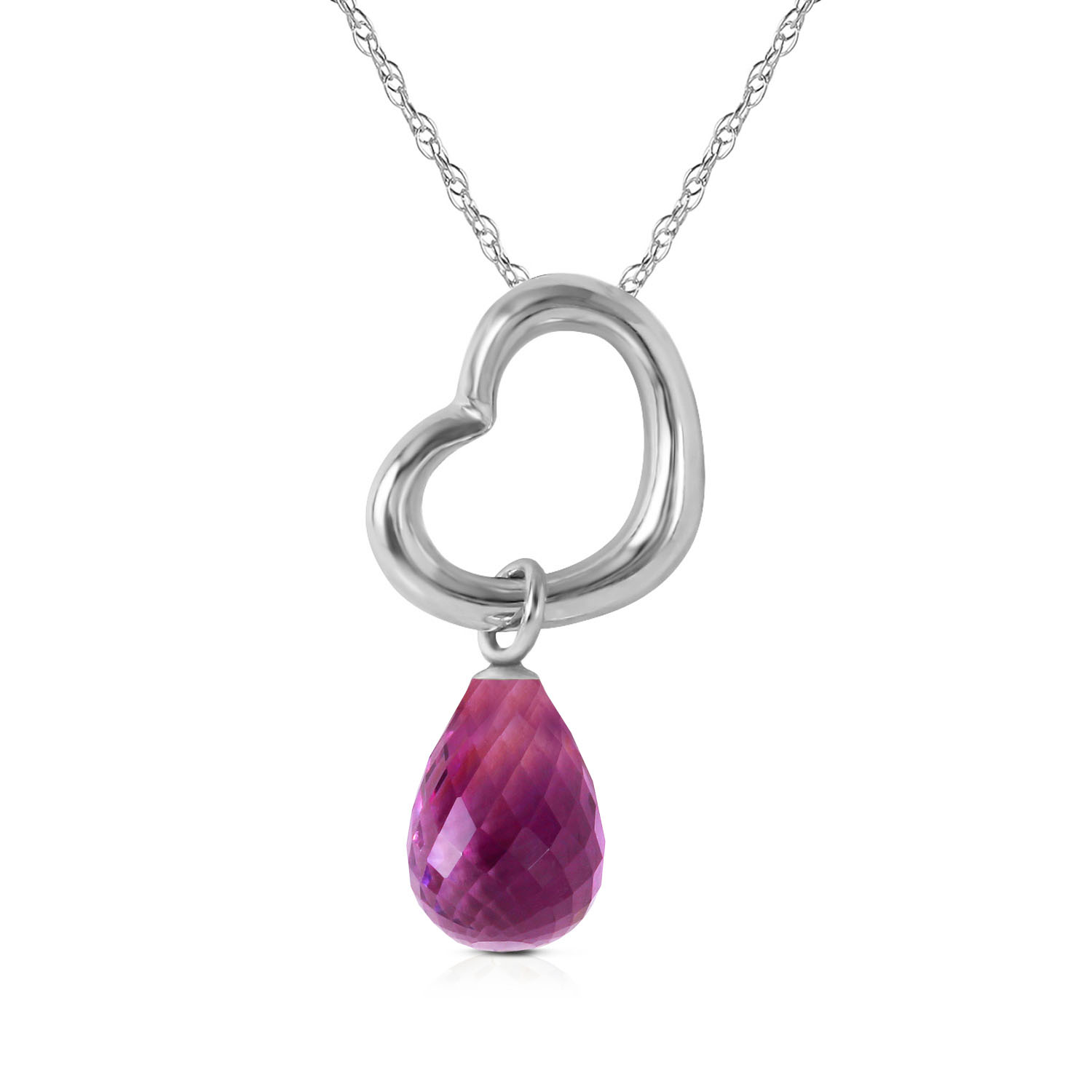 14K Solid White Gold Heart Necklace with Dangling Natural Amethyst