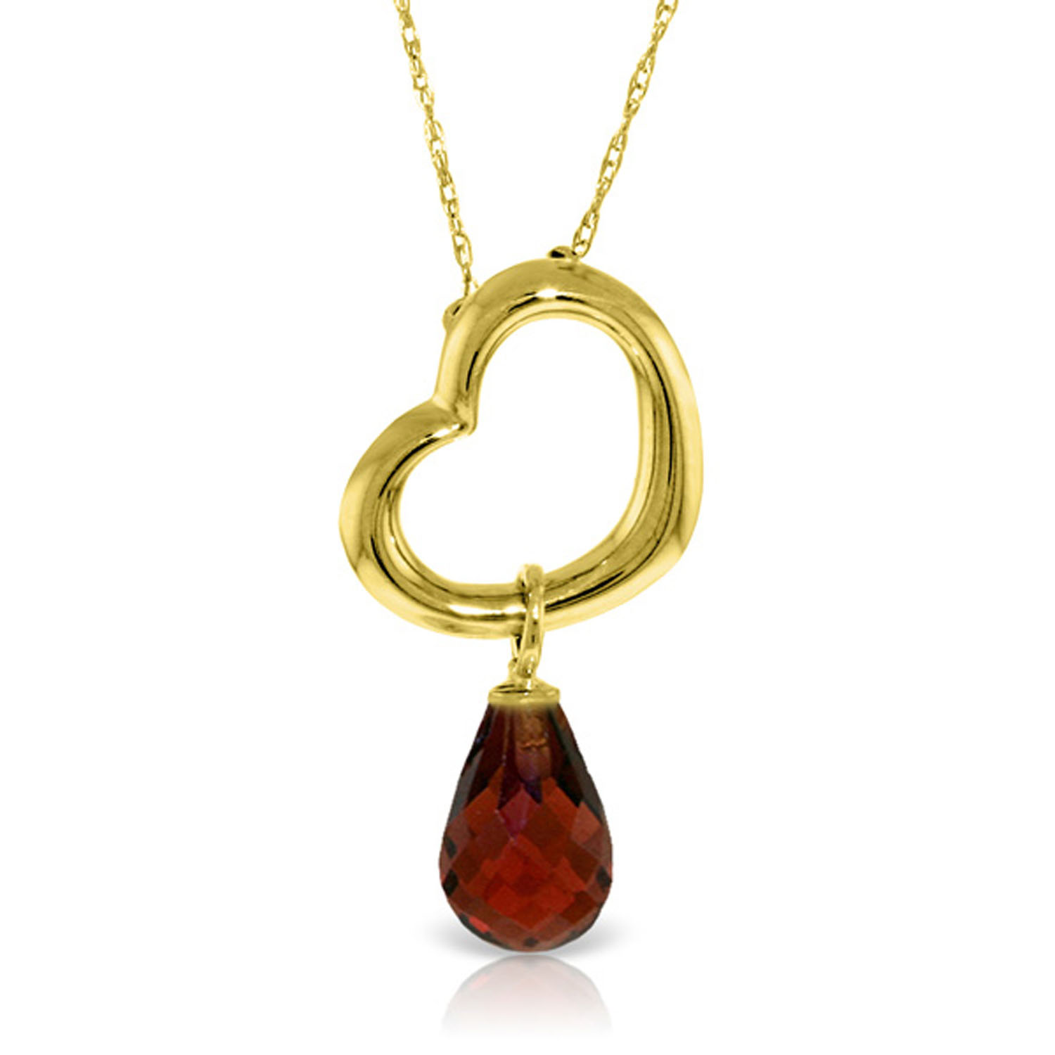 14K Solid Gold Heart Necklace with Dangling Natural Garnet