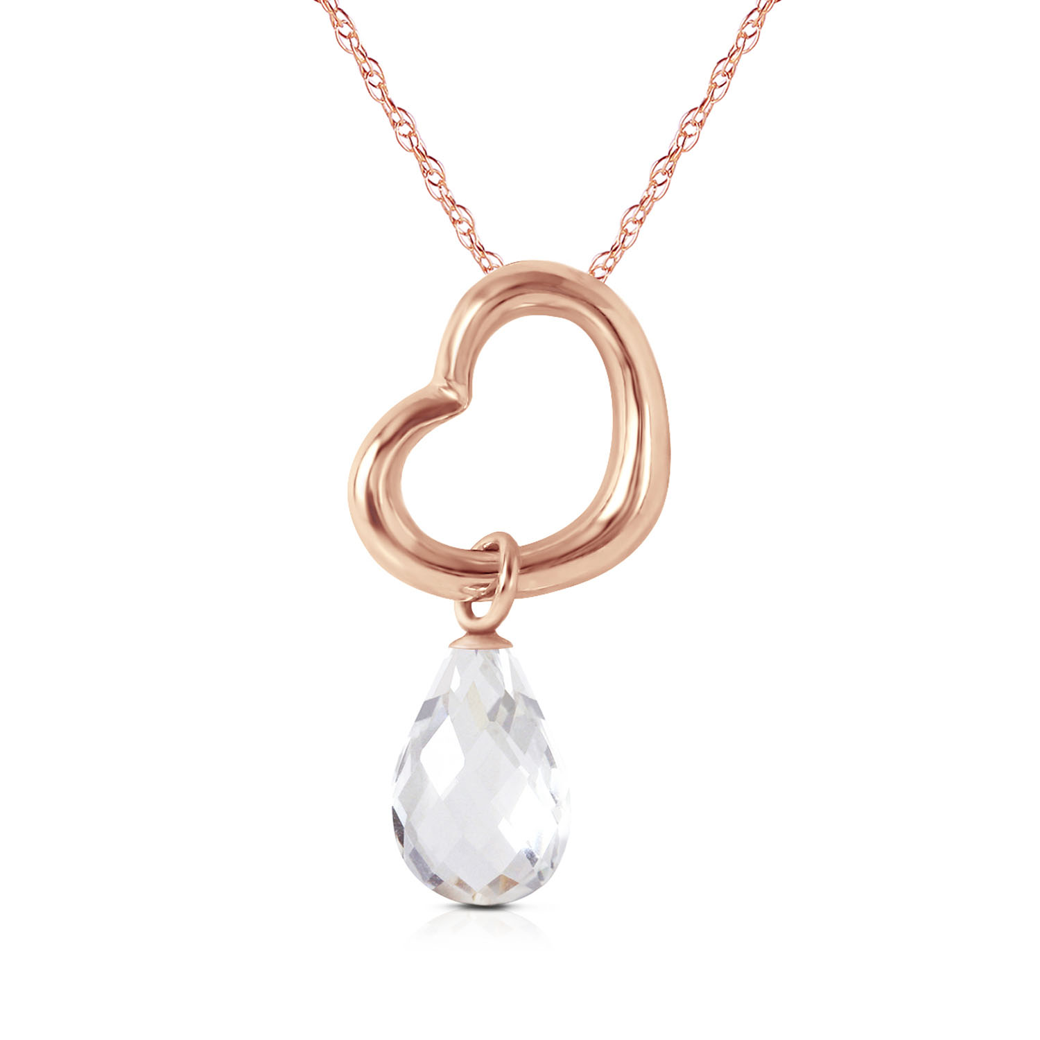 14K Solid Rose Gold Heart Necklace with Dangling Natural White Topaz
