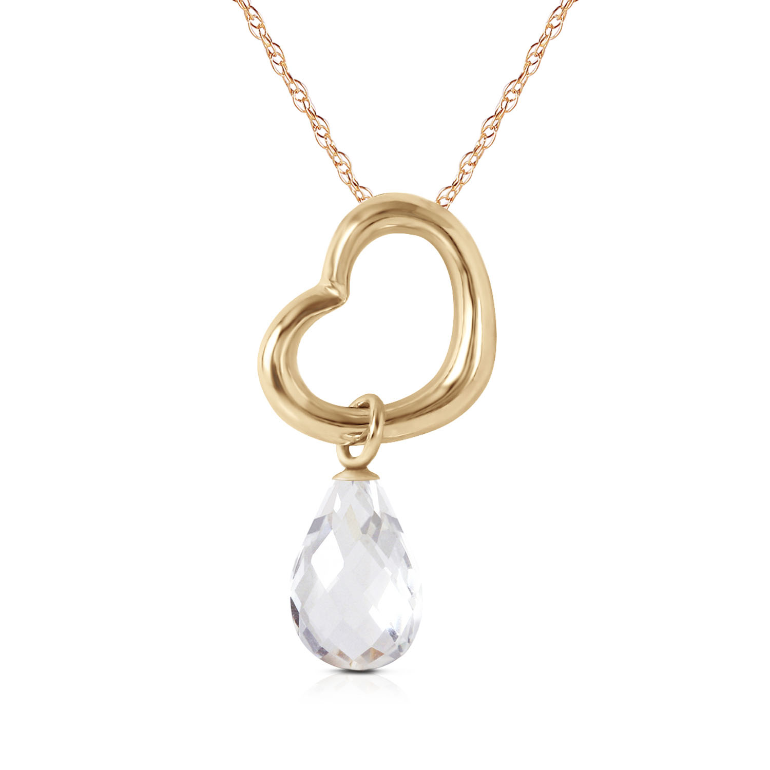 14K Solid Gold Heart Necklace with Dangling Natural White Topaz
