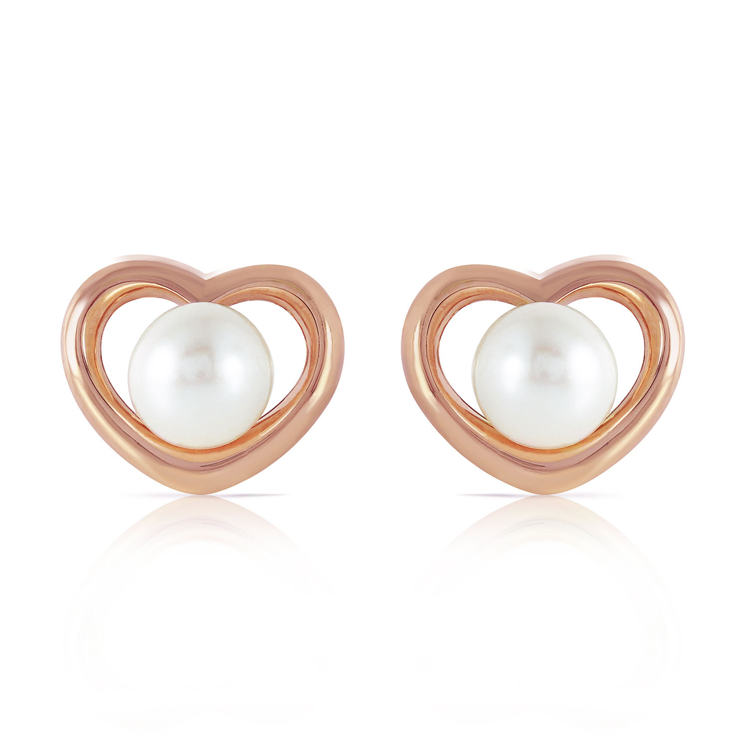 14K Solid Rose Gold Heartstud Earrings with Natural Cultured Pearls