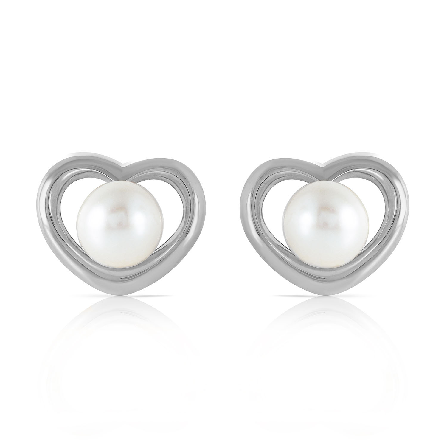 14K Solid White Gold Heartstud Earrings with Natural Cultured Pearls