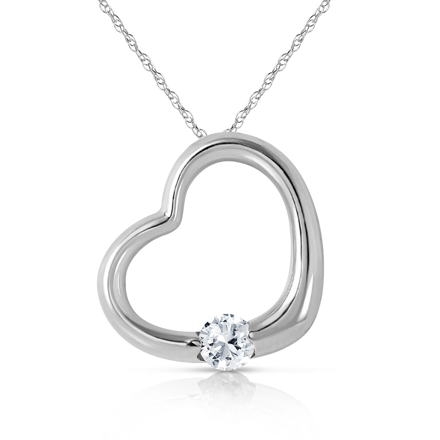 14K Solid White Gold Heart Necklace with Natural Diamond