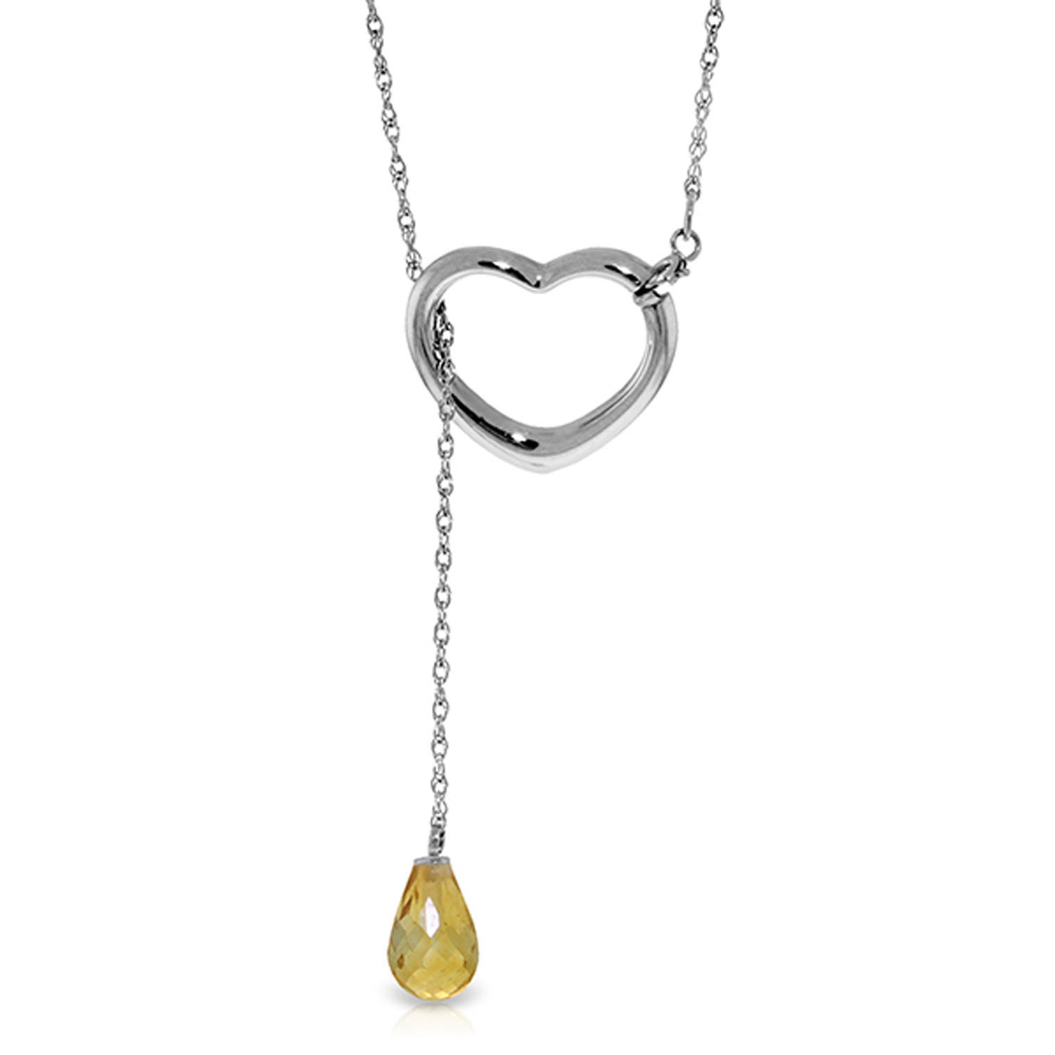 14K Solid White Gold Heart Necklace with Drop Briolette Natural Citrine