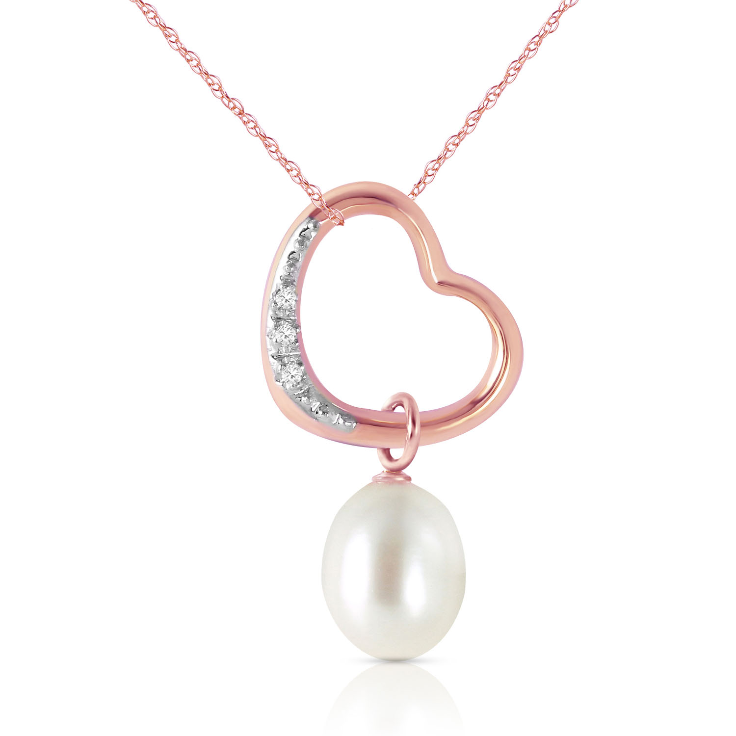 14K Solid Rose Gold Heart Necklace with Natural Diamond  Cultured Pearl