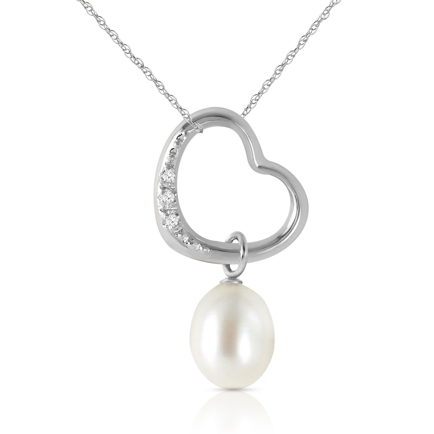 14K Solid White Gold Heart Necklace with Natural Diamond  Cultured Pearl