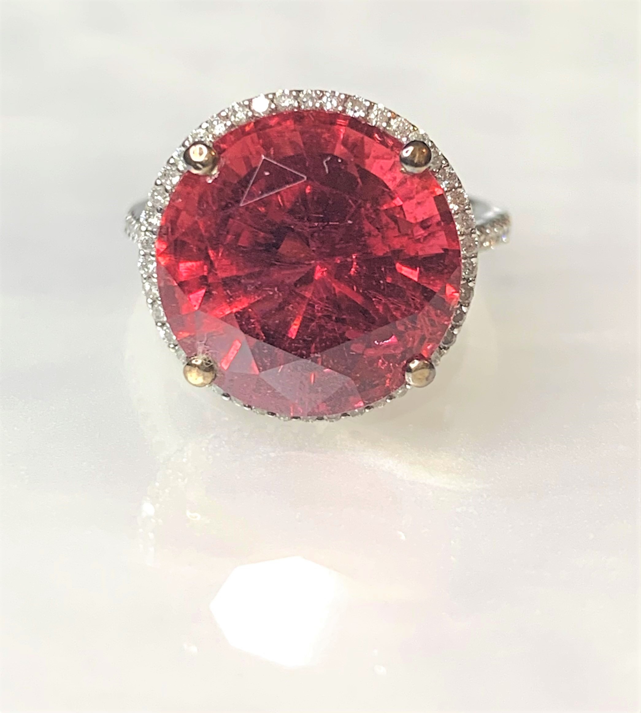 14K White Gold Round Rubellite Cocktail Diamond Ring